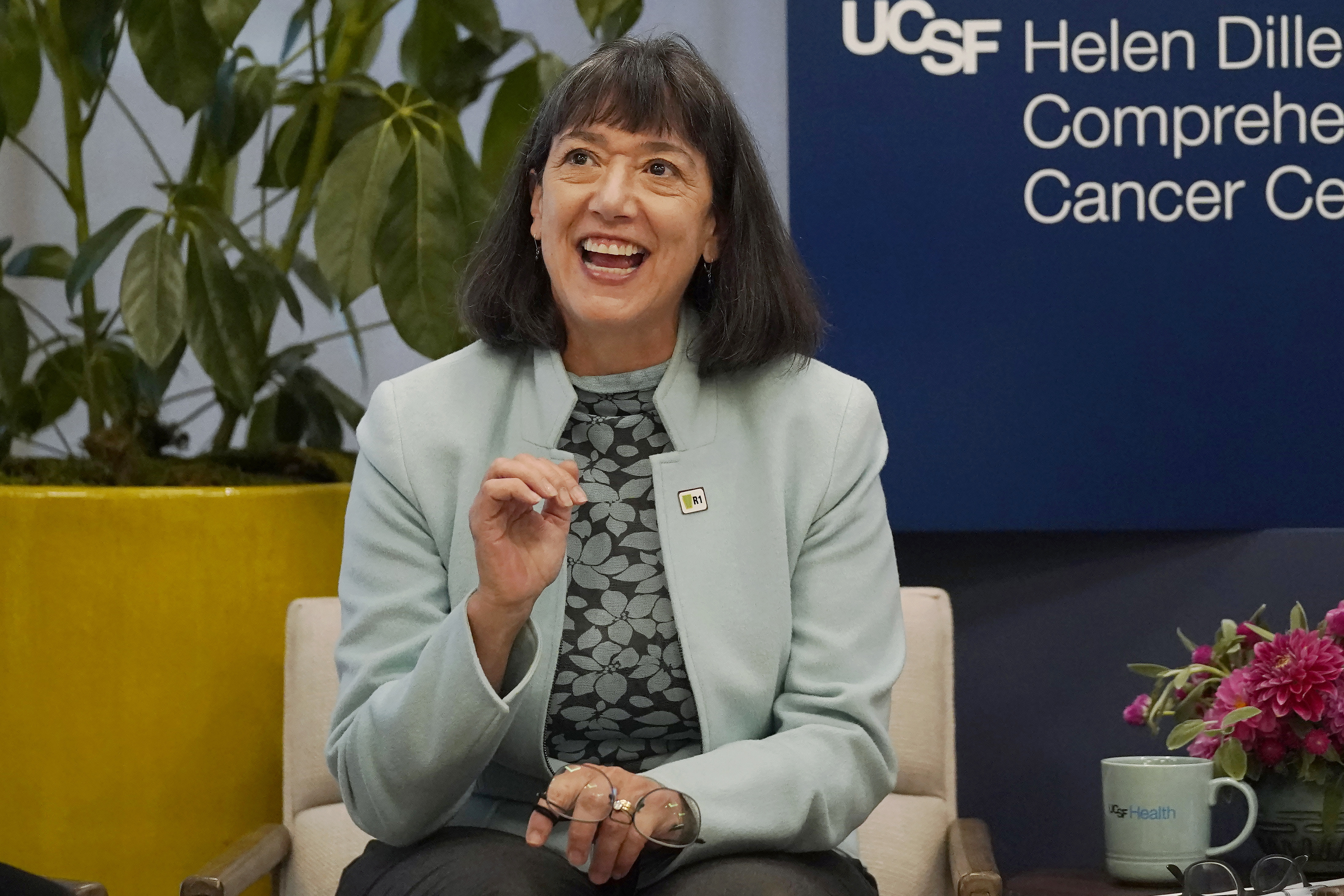 Dr. Monica Bertagnolli speaks at the University of California, San Francisco’s cancer center in San Francisco on Oct. 7, 2022. (Jeff Chiu—AP Photo)