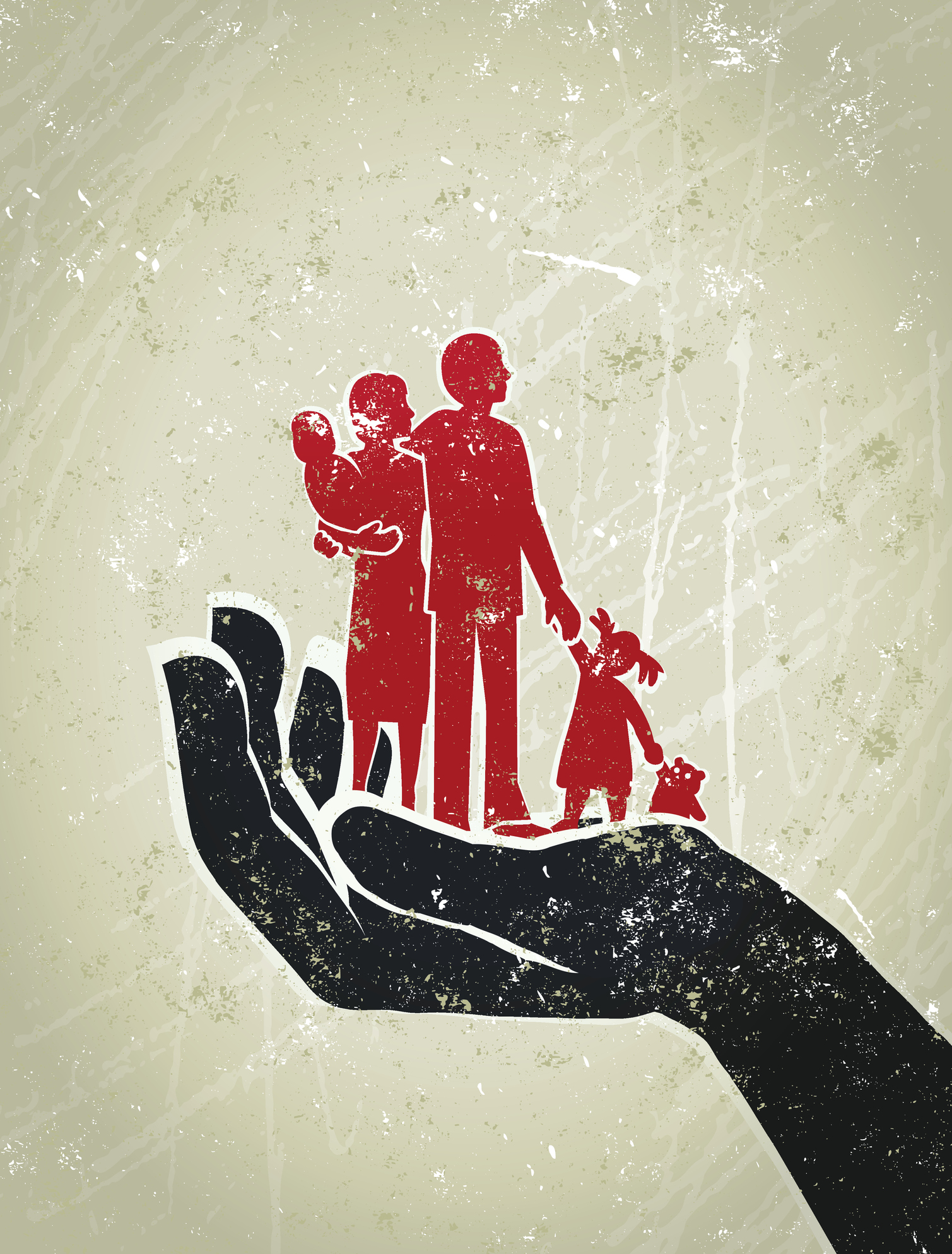 Parents, Children Standing on a Giant Protective Hand