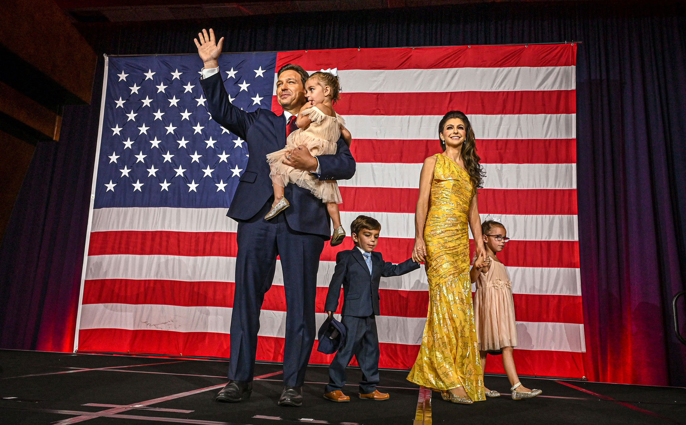 DeSantis celebrates his landslide re-election victory with his wife Casey and his children on Nov. 8, 2022