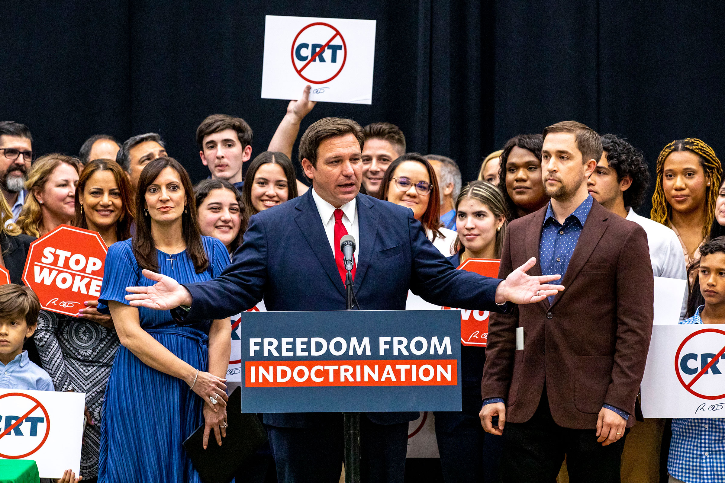 DeSantis addresses the crowd before publicly signing HB7, "individual freedom," also dubbed the "stop woke" bill during a news conference in Hialeah Gardens, Fla., on April 22, 2022 (Daniel A. Varela—Miami Herald/AP)