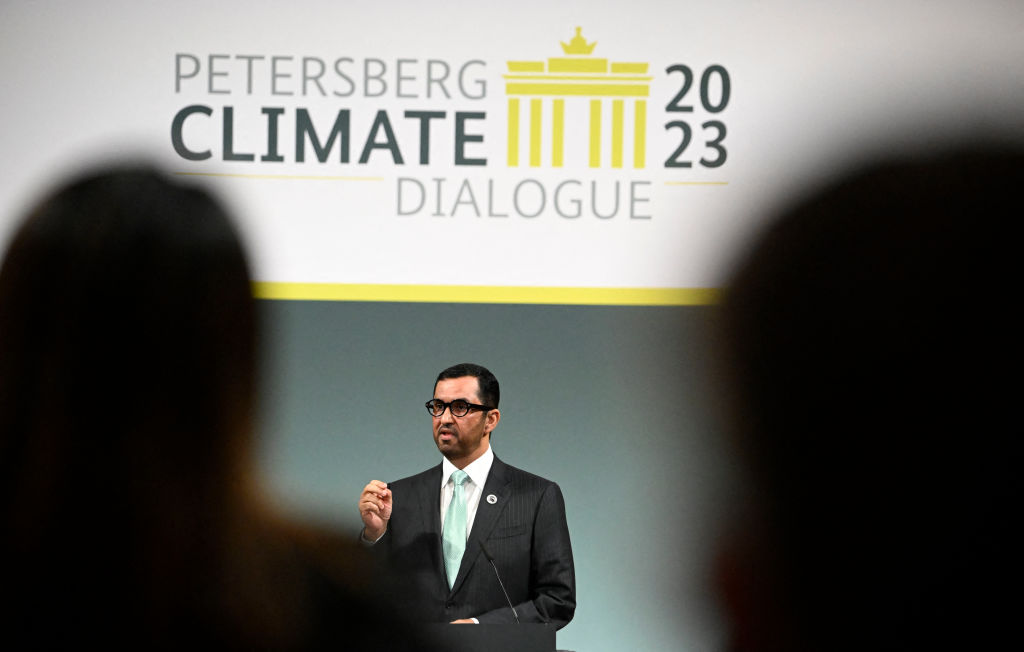 The Minister of Industry and Advanced Technology in the United Arab Emirates (UAE) and COP28 UAE President-Designate Sultan Al Jaber speaks at the start of the Petersberg Climate Dialogue, a conference that focuses on laying the groundwork for the COP28 Climate Change Conference in the United Arab Emirates, on May 2, 2023 at the Foreign Office in Berlin. (SCHWARZ/AFP—Getty Images)
