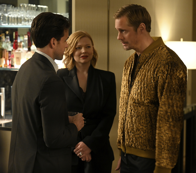 From left: Ashley Zukerman, Sarah Snook, and Alexander Skarsgård in <i>Succession</i> season 4, episode 7 "Tailgate Party" (David M. Russell—HBO)