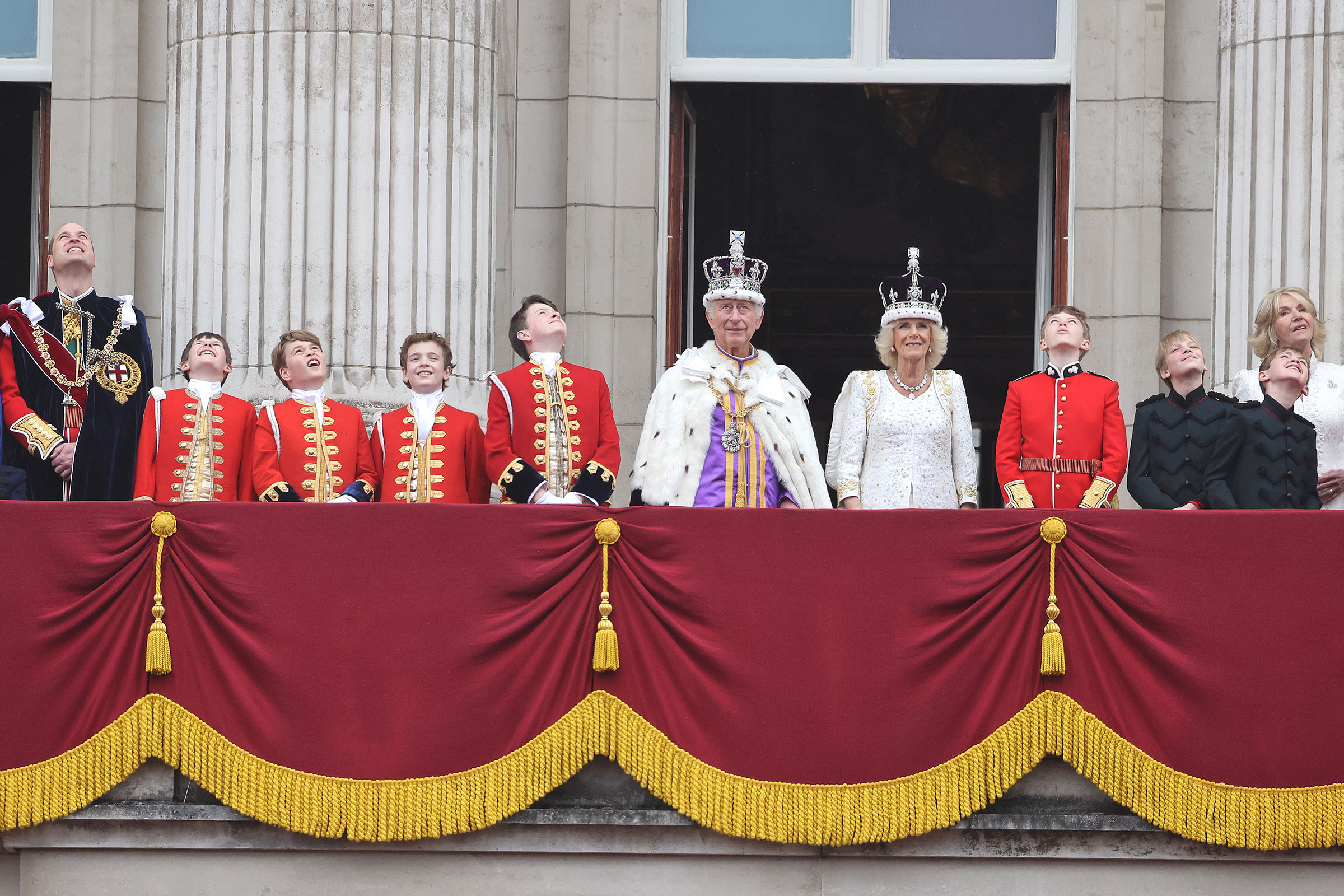 The Royal Family on the balcony of Buckingham Palace after the Coronation of King Charles III and Queen Camilla. (Neil Mockford—Getty Images)