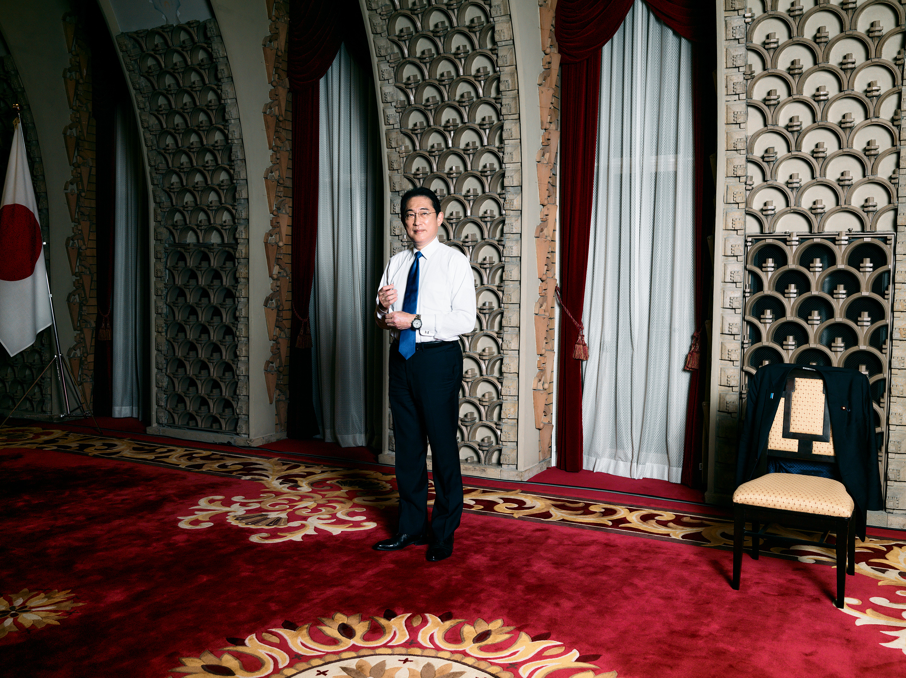 Japanese Prime Minister Fumio Kishida inside the great hall at his official residence in Tokyo on April 28. (Ko Tsuchiya for TIME)