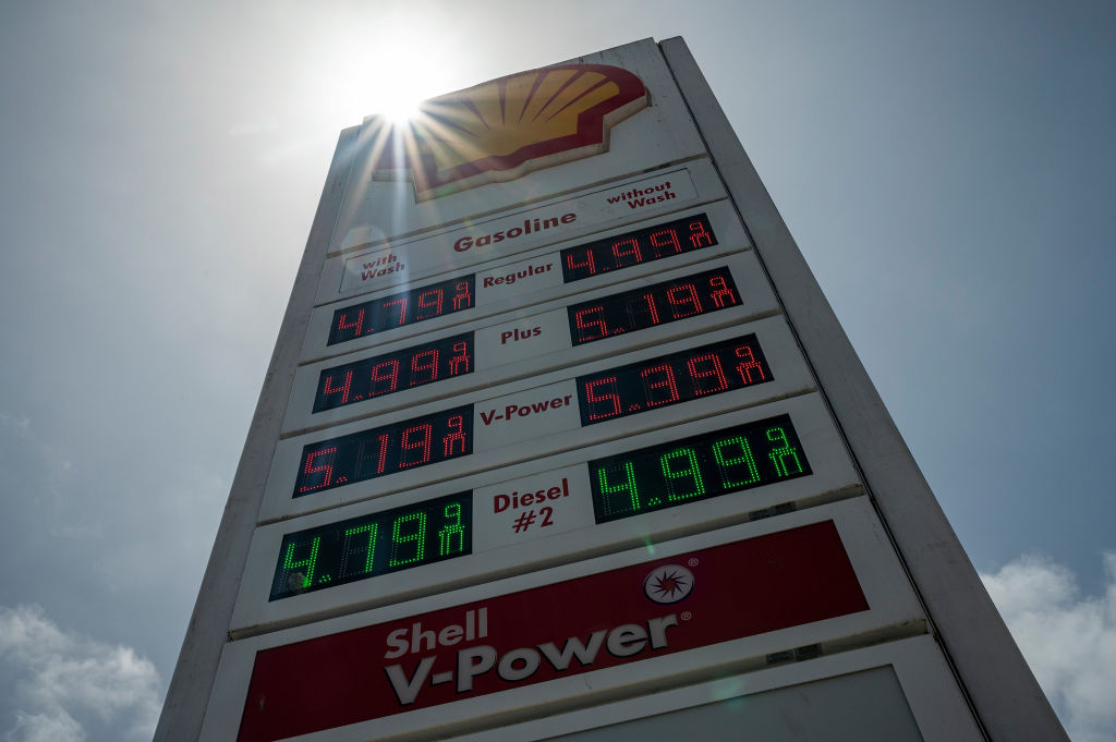 Gas prices on a sign at a Shell gas station in San Francisco, California, US, on Tuesday, May 23, 2023. (David Paul Morris / Bloomberg via Getty Images)
