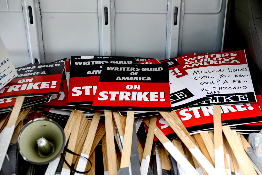Picket signs sit in the back of a truck outside Sony Pictures in Culver City, Calif., on Tuesday, May 2, 2023. (Jay L. Clendenin—Los Angeles Times/Getty Images)