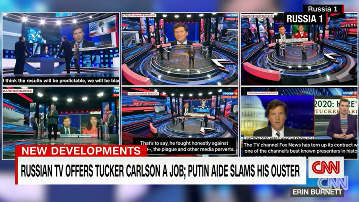 Screengrab of CNN showing text that says Russian TV Offers Tucker Carlson a Job