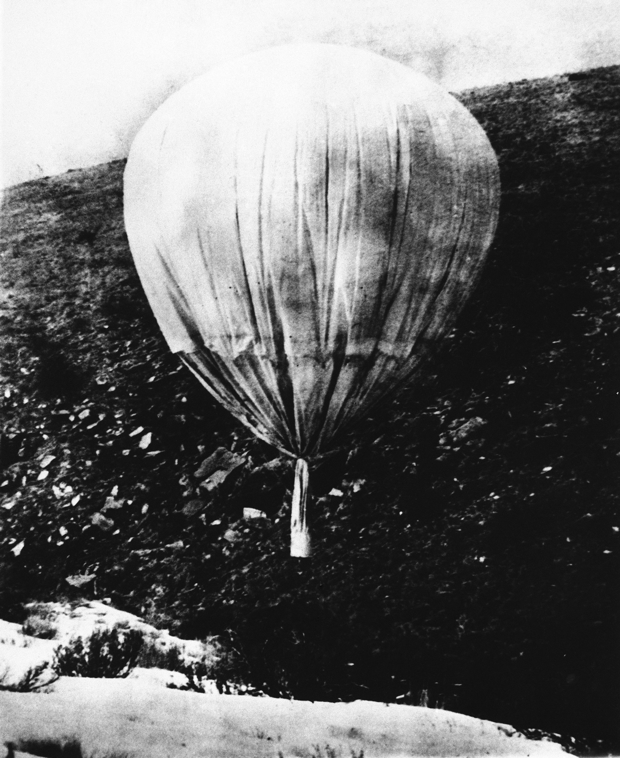 This photograph of a Japanese bomb-carrying paper balloon in the air was taken over North America on July 2, 1945. The balloons are supposed to blow themselves up after releasing anti-personnel and incendiary explosives. (AP)