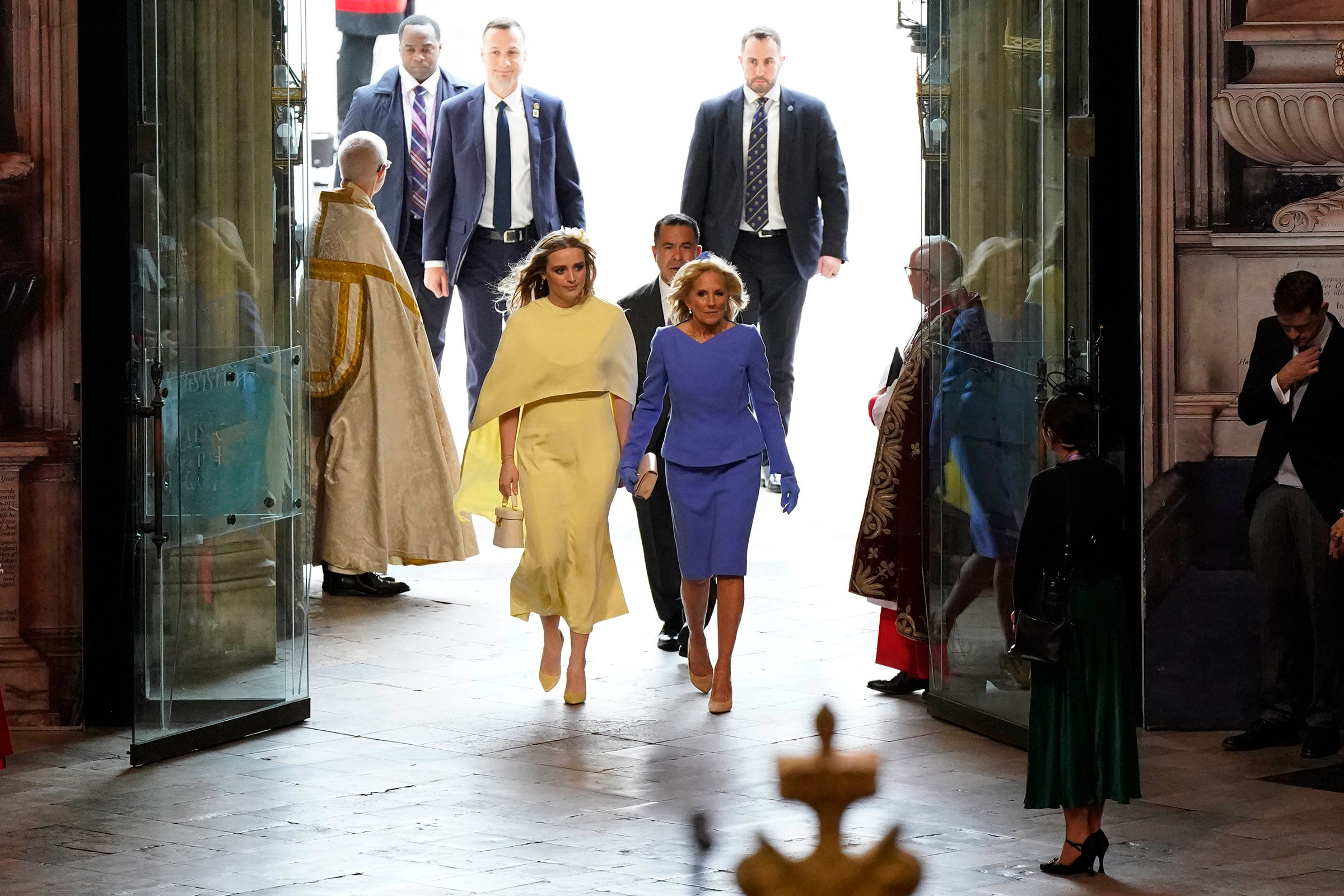 First Lady of the United States, Jill Biden, and her granddaughter Finnegan Biden arrive at Westminster Abbey. (Andrew Matthews—WPA Pool/Getty Images)