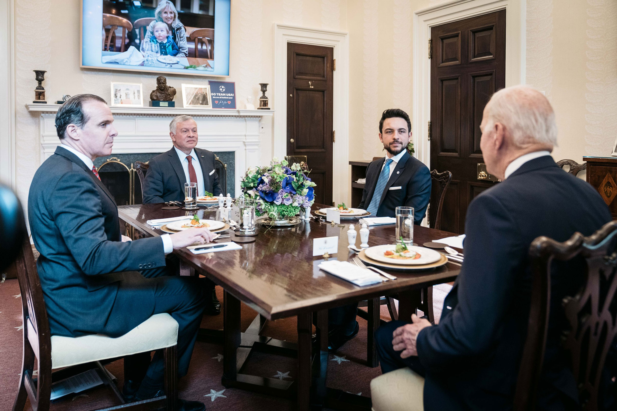 King of Jordan Abdullah II and Crown Prince Hussein bin Abdullah of Jordan meet with U.S. President Joe Biden