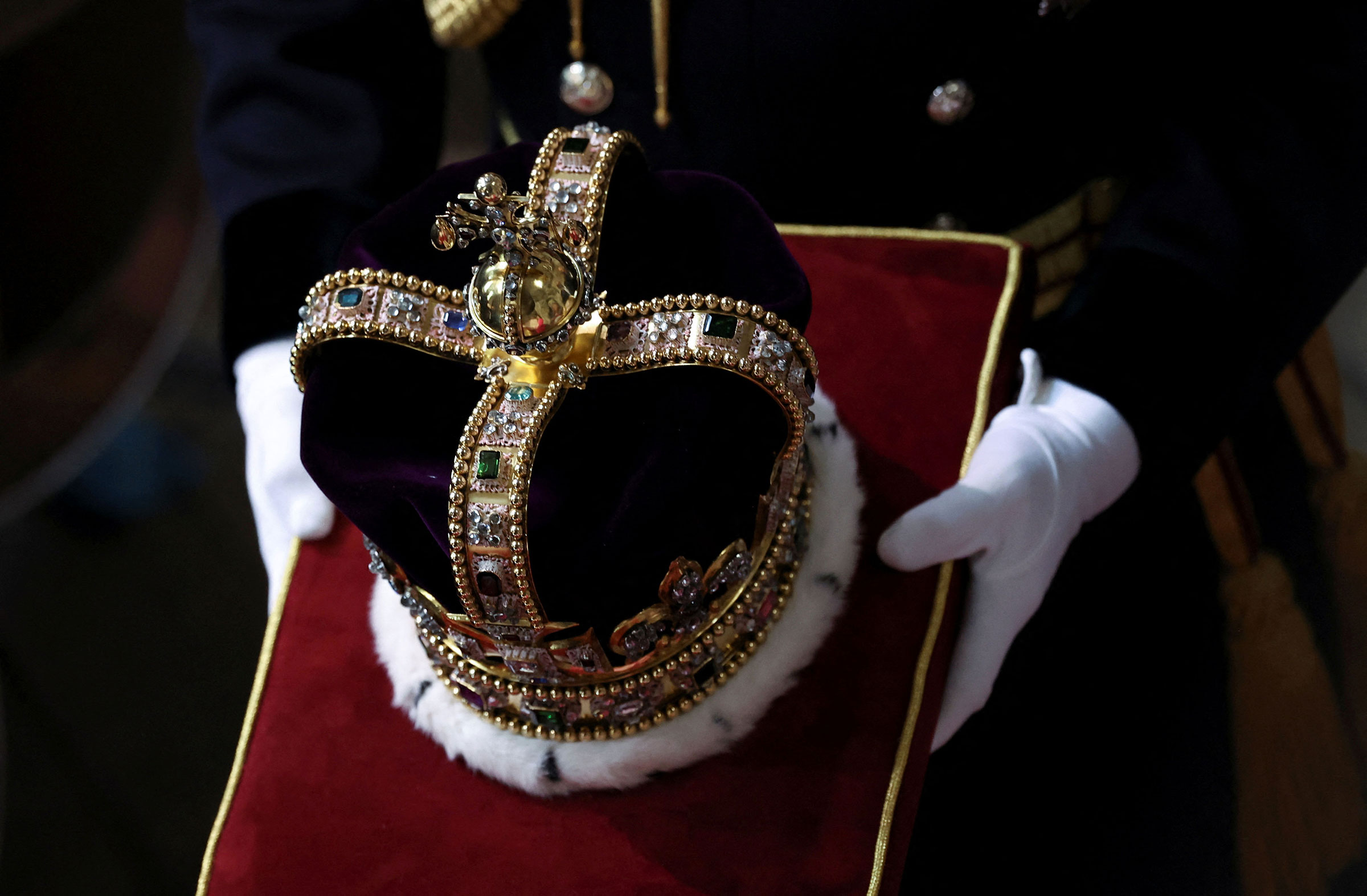 17th Century St Edward's Crown is carried ahead of the Coronation of King Charles III and Queen Camilla. (Phil Noble—WPA Pool/Getty Images)
