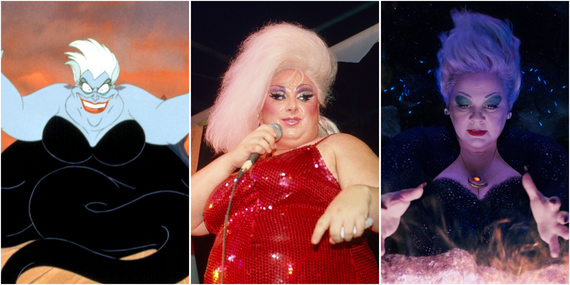 triptych of Ursula in the animated The Little Mermaid, the actor Divine, and Melissa McCarthy as Ursula in the live-action The Little Mermaid