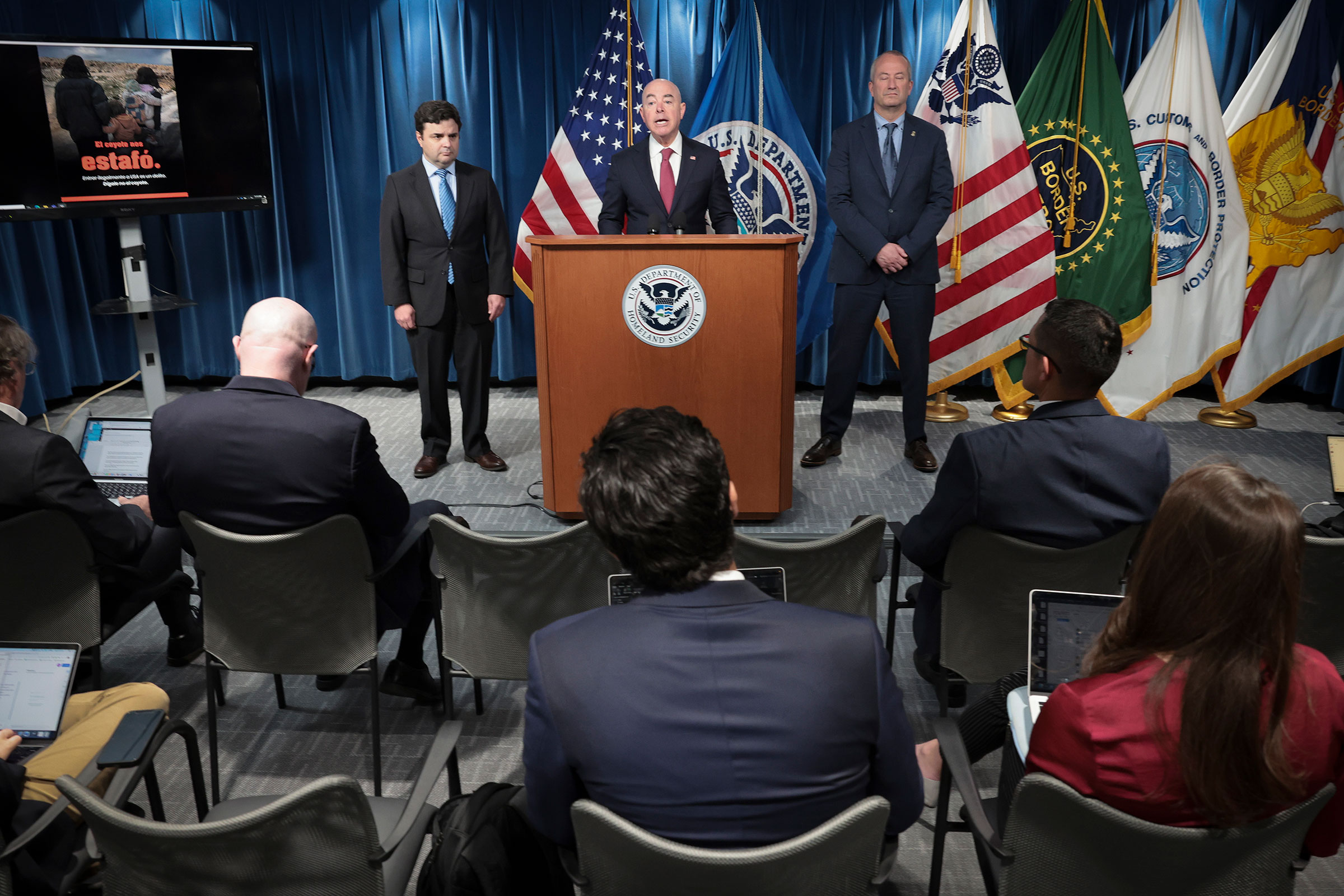 Secretary of Homeland Security Alejandro Mayorkas speaks during a press conference in Washington, on May 10, 2023. (Win McNamee—Getty Images)