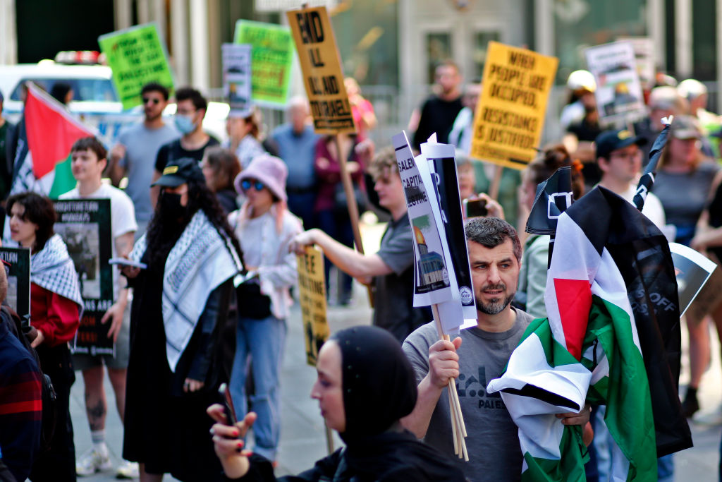 Palestinians and supporters gather to commemorate the 75th anniversary of the Nakba in Times Square on May 14, 2023 in New York City. (Leonardo Munoz—VIEWpress)