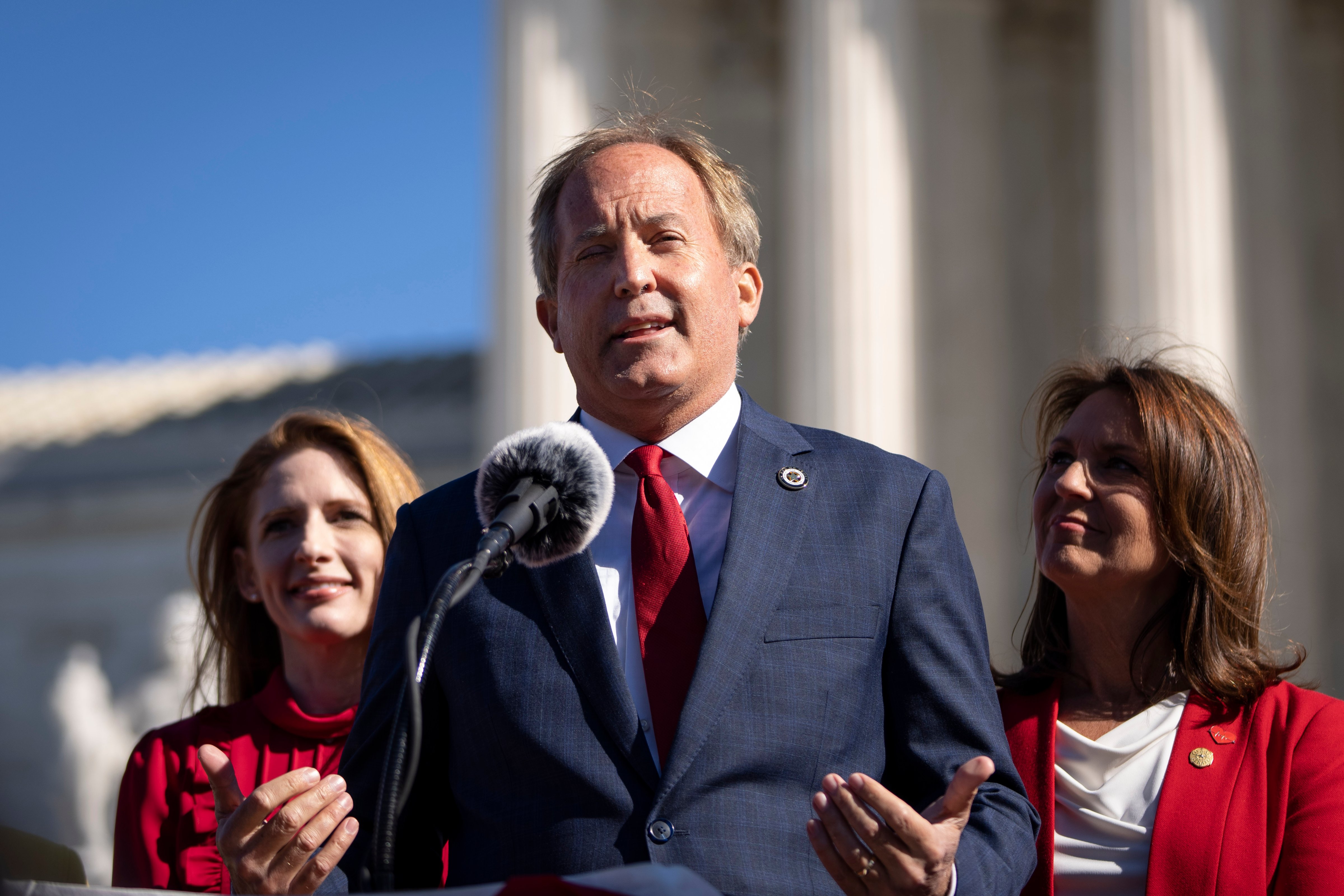 Texas Attorney General Ken Paxton speaks outside in Washington, DC.on U.S. Supreme Court on November 01, 2021. (Drew Angerer—Getty Images)