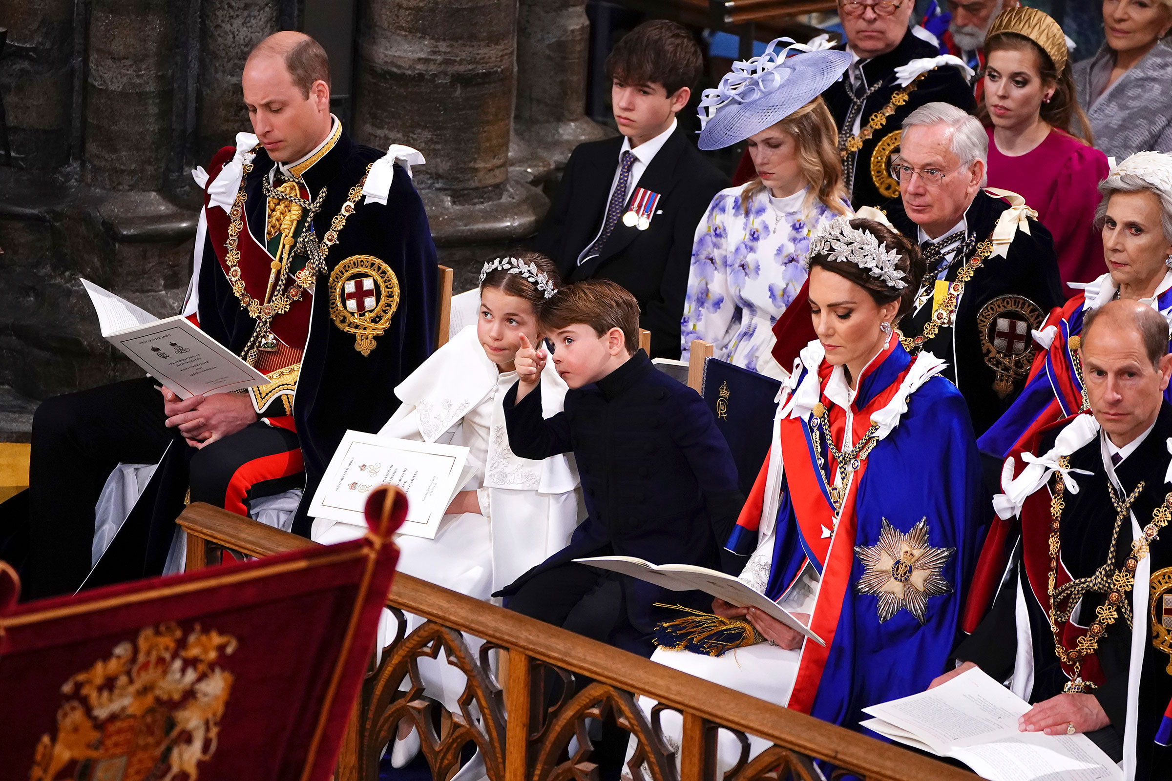 Prince of Wales, Princess Charlotte, Prince Louis, the Princess of Wales and the Duke of Edinburgh at the coronation ceremony of King Charles III. (Yui Mok—PA Wire/AP)