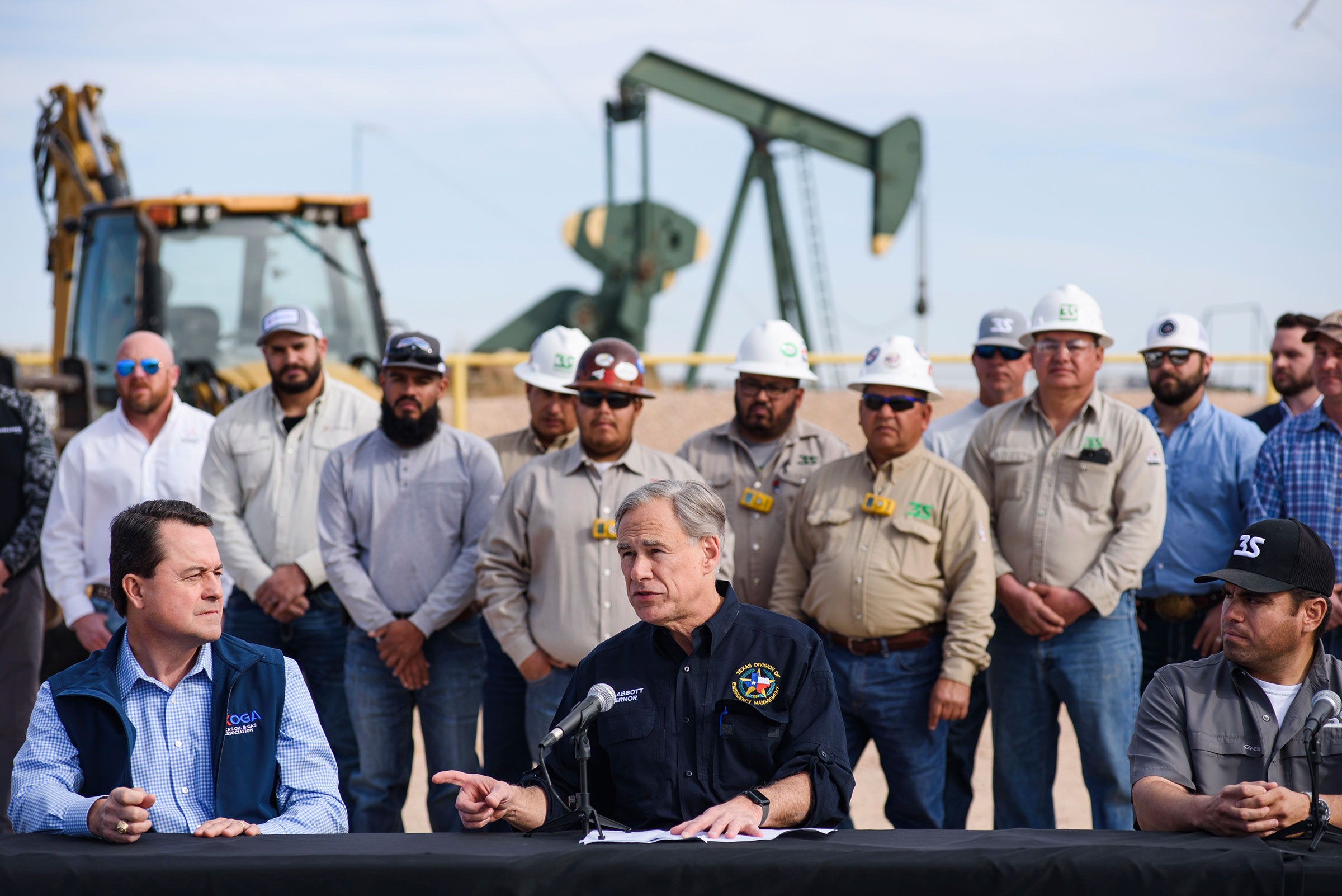 Texas Governor Greg Abbott speaks during a press conference in the Permian Basin on Feb. 1, 2022 in Midland, Texas. (Eli Hartman—Odessa American/AP)