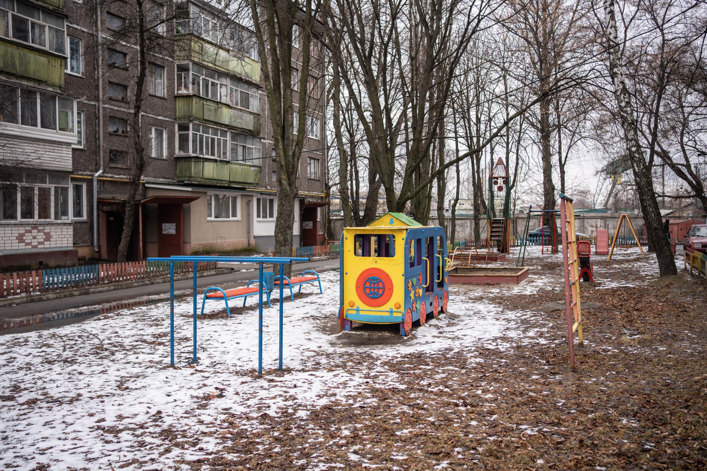 A playground in the snow near Iryna’s home in Chernihiv