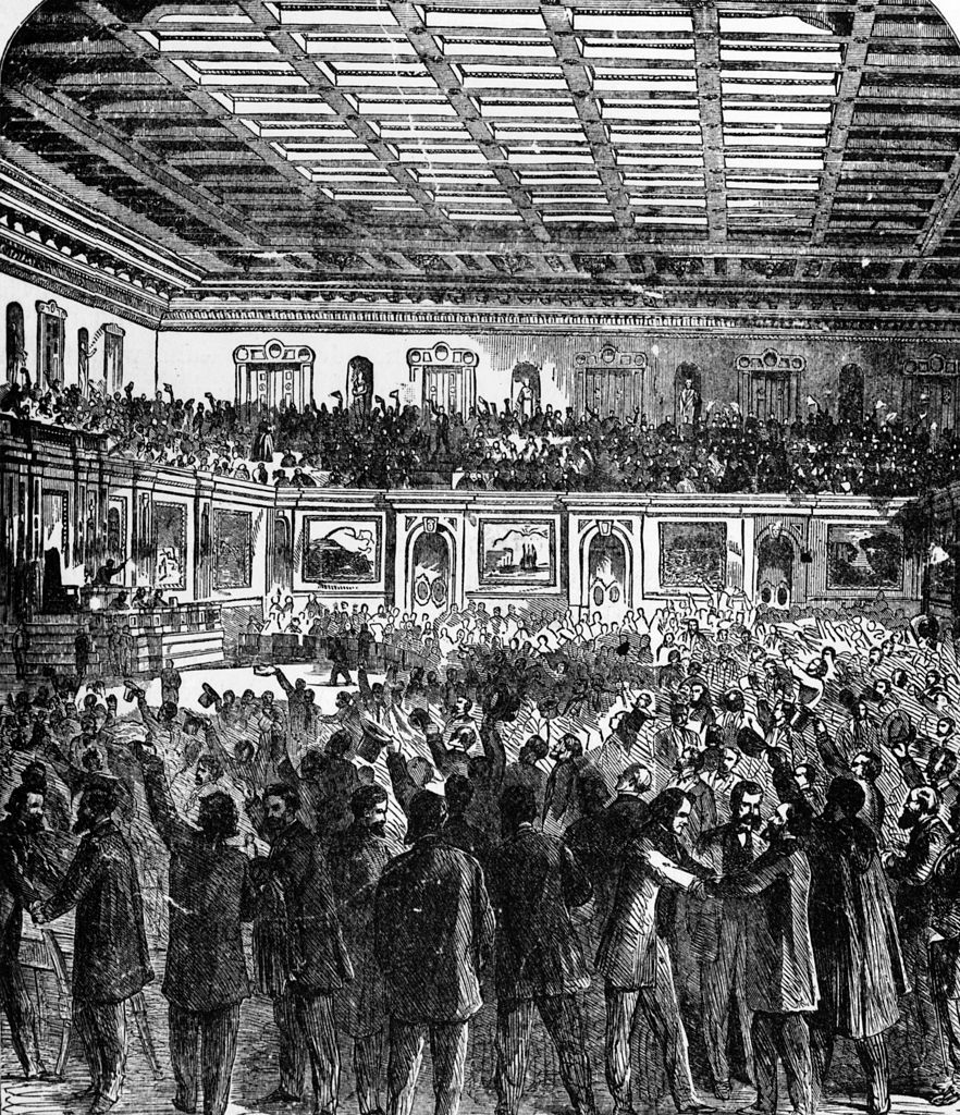 An illustration of the U.S. House of Representatives celebrating the passage of the 13th Amendment to the U.S. Constitution, which prohibited slavery, Dec. 6, 1865. (MPI—Getty Images)