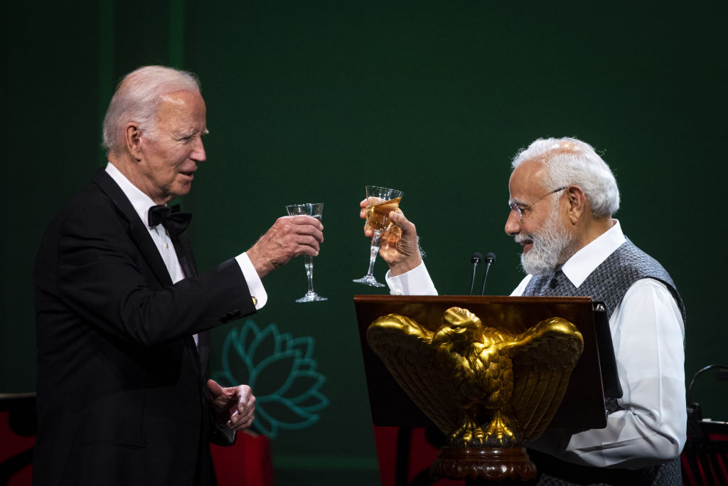 US President Joe Biden and Narendra Modi, India's prime minister, toast during a state dinner at the White House in Washington, DC, US, on Thursday, June 22, 2023. Biden and Modi announced a series of defense and commercial deals designed to improve military and economic ties between their nations during a state visit (Bloomberg via Getty Images)