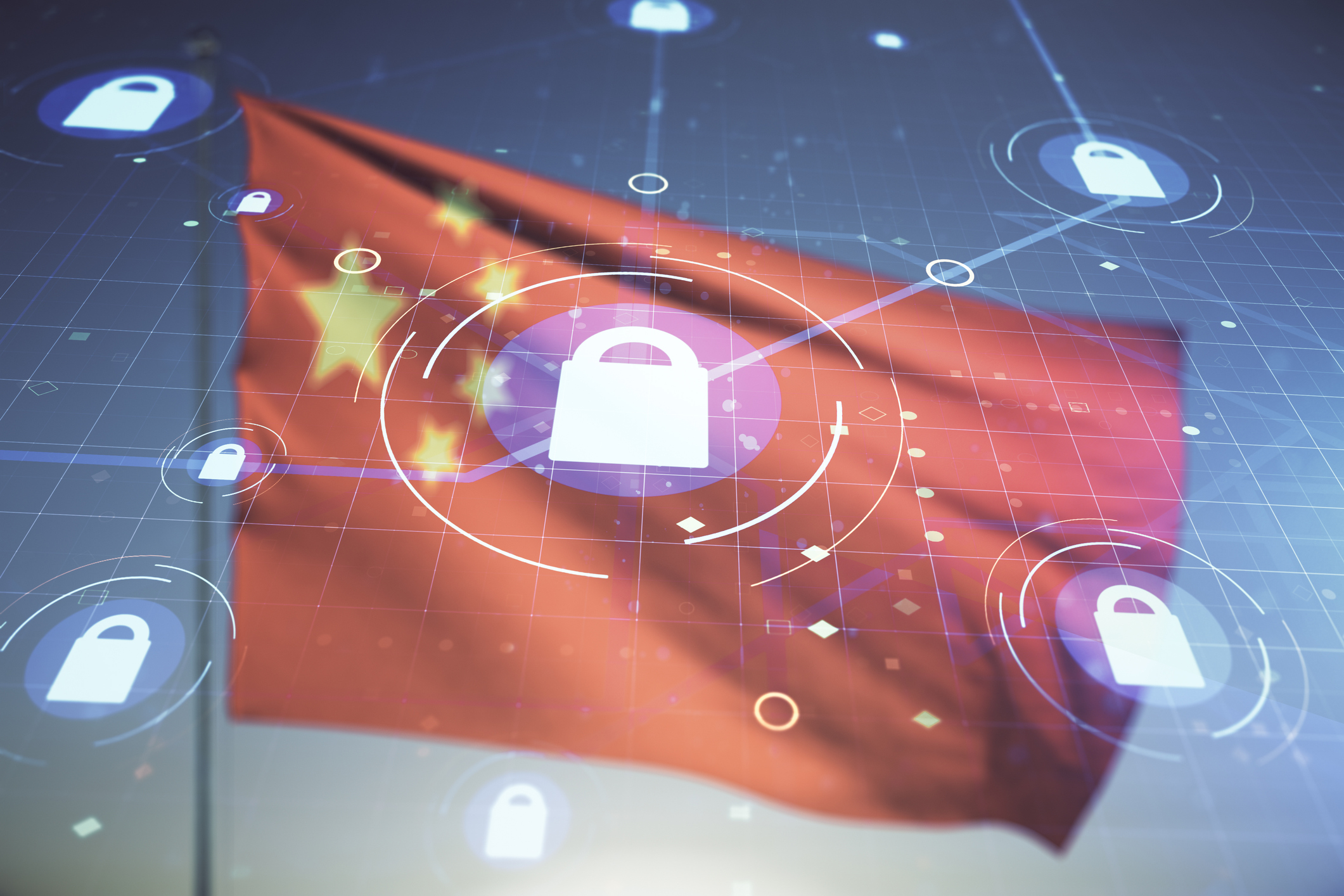 Virtual creative lock illustration with microcircuit on Chinese flag and blue sky background, cyber security concept. Multiexposure