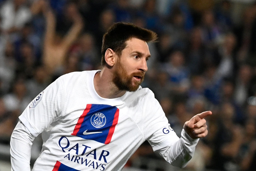 Paris Saint-Germain forward Lionel Messi scores against RC Strasbourg Alsace at Stade de la Meinau in eastern France on May 27, 2023. (Jean-Christophe Verhaegen—AFP/Getty Images)
