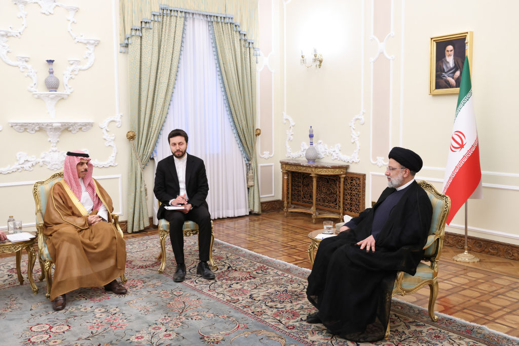 Iranian President Ebrahim Raisi (R) meets with Saudi Arabian Foreign Minister Faisal bin Farhan Al-Saud (L) in Tehran, Iran on June 17, 2023. (Iranian Presidency / Handout-Anadolu Agency)