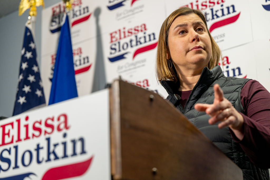 Rep. Elissa Slotkin (D-MI) speaks to reporters on November 09, 2022, in East Lansing, Michigan, after winning re-election. (Brandon Bell—Getty Images)