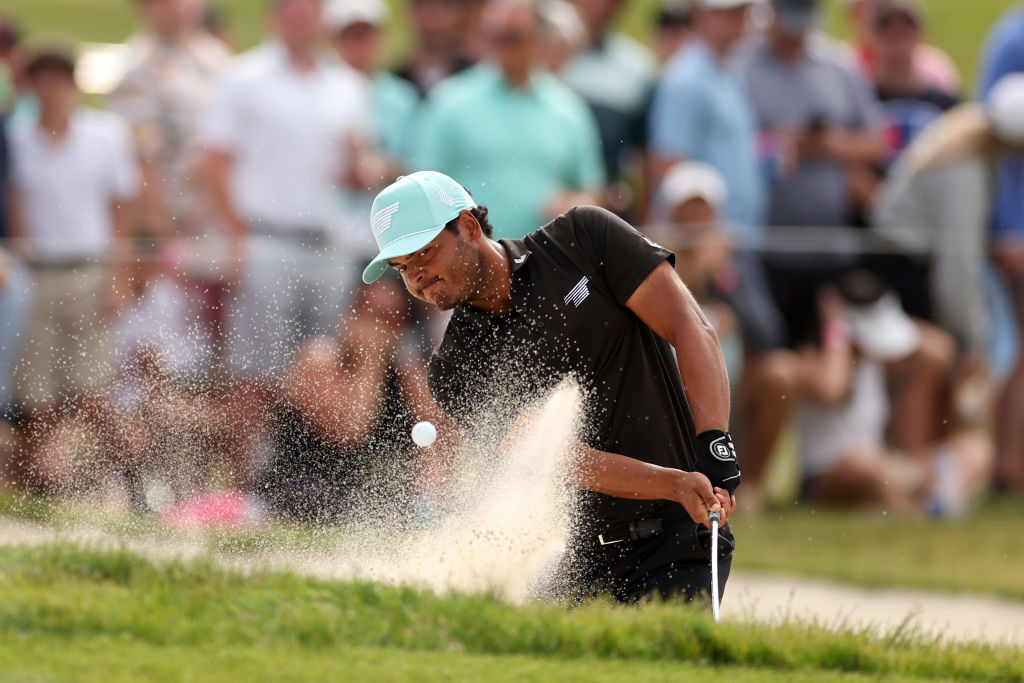 Sebastian Munoz of Torque GC plays his shot from the bunker into the 18th green during day three of the LIV Golf Invitational - DC at Trump National Golf Club on May 28, 2023 in Sterling, Virginia. (Rob Carr—Getty Images)