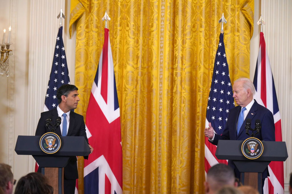 British Prime Minister Rishi Sunak, left, during a joint press conference with President Joe Biden in the East Room at the White House on June 8, 2023 in Washington, DC. (Niall Carson—Pool/Getty Images)
