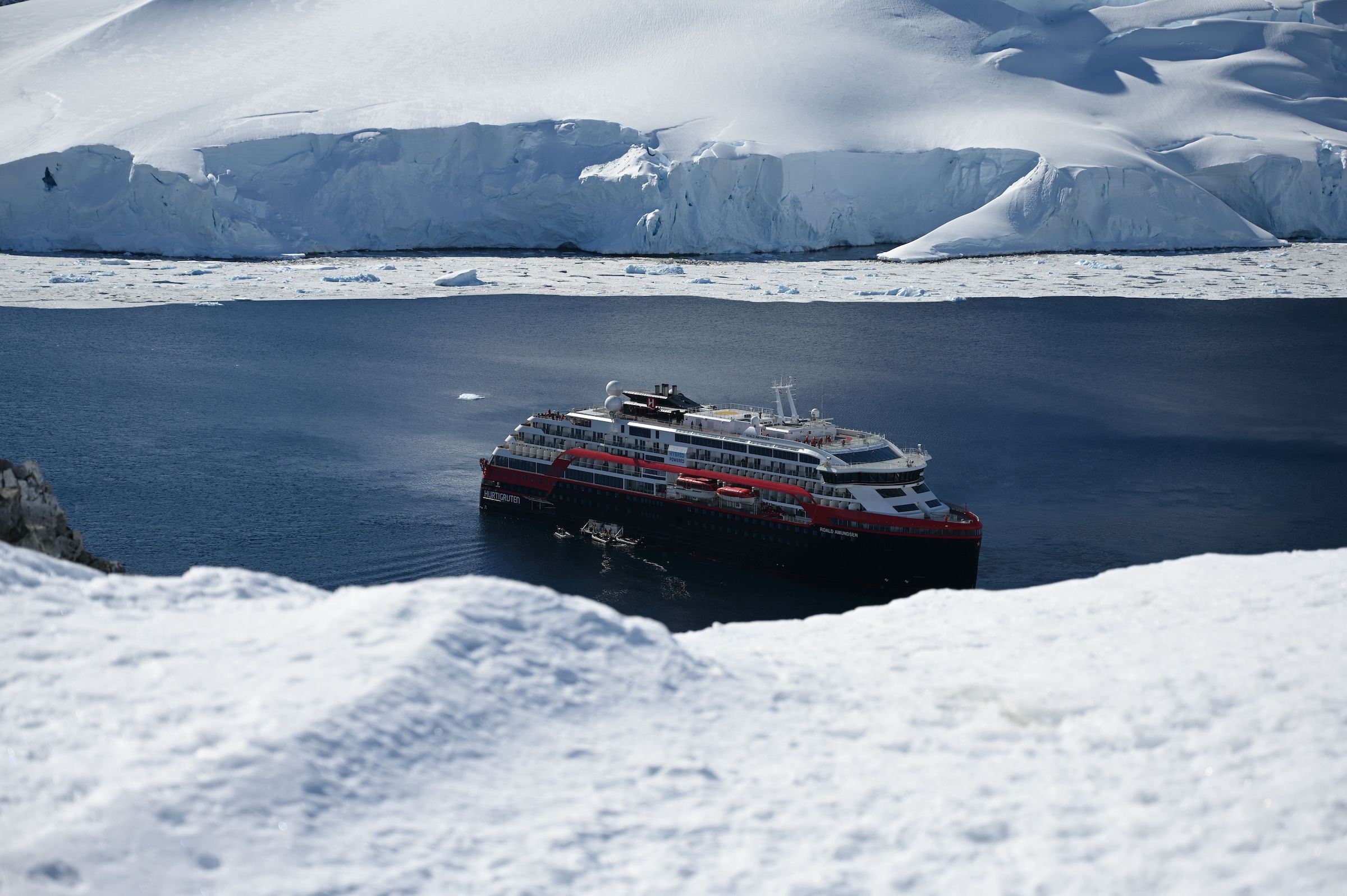 View of the Hurtigruten hybrid expedition cruise ship, MS Roald Amundsen, at Orne Harbur in the South Shetland Islands, Antarctica on November 08, 2019. (Johan Ordonez—AFP/Getty Images)