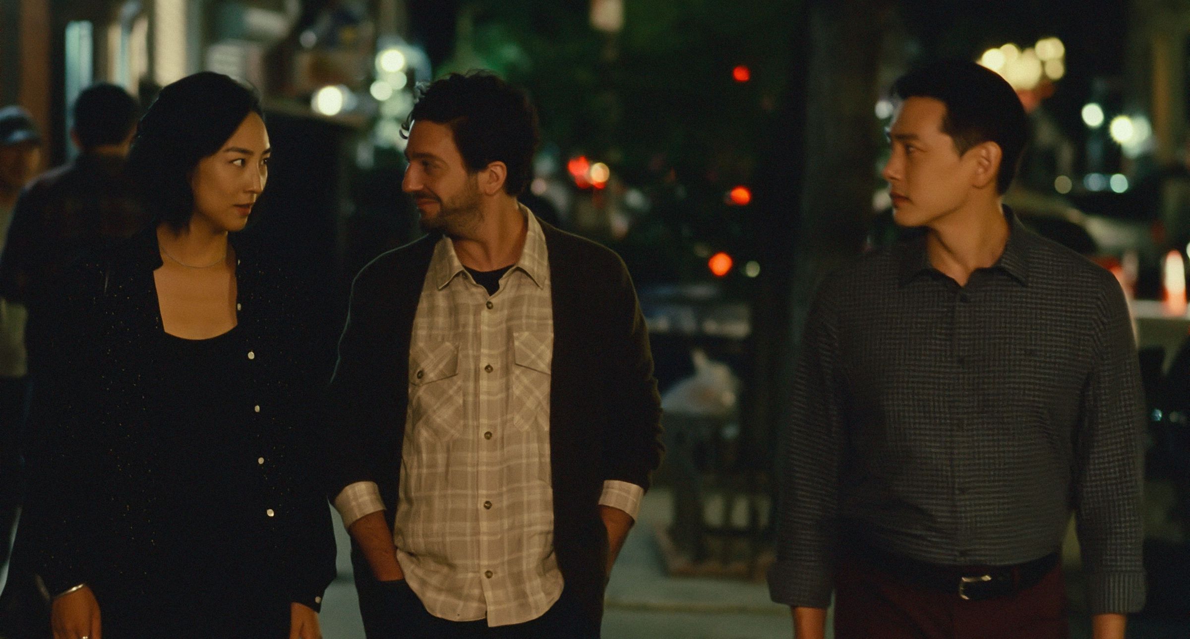 Nora (Greta Lee), Arthur (John Magaro), and Hae Sung (Teo Yoo) stroll through the East Village. (Courtesy of A24)
