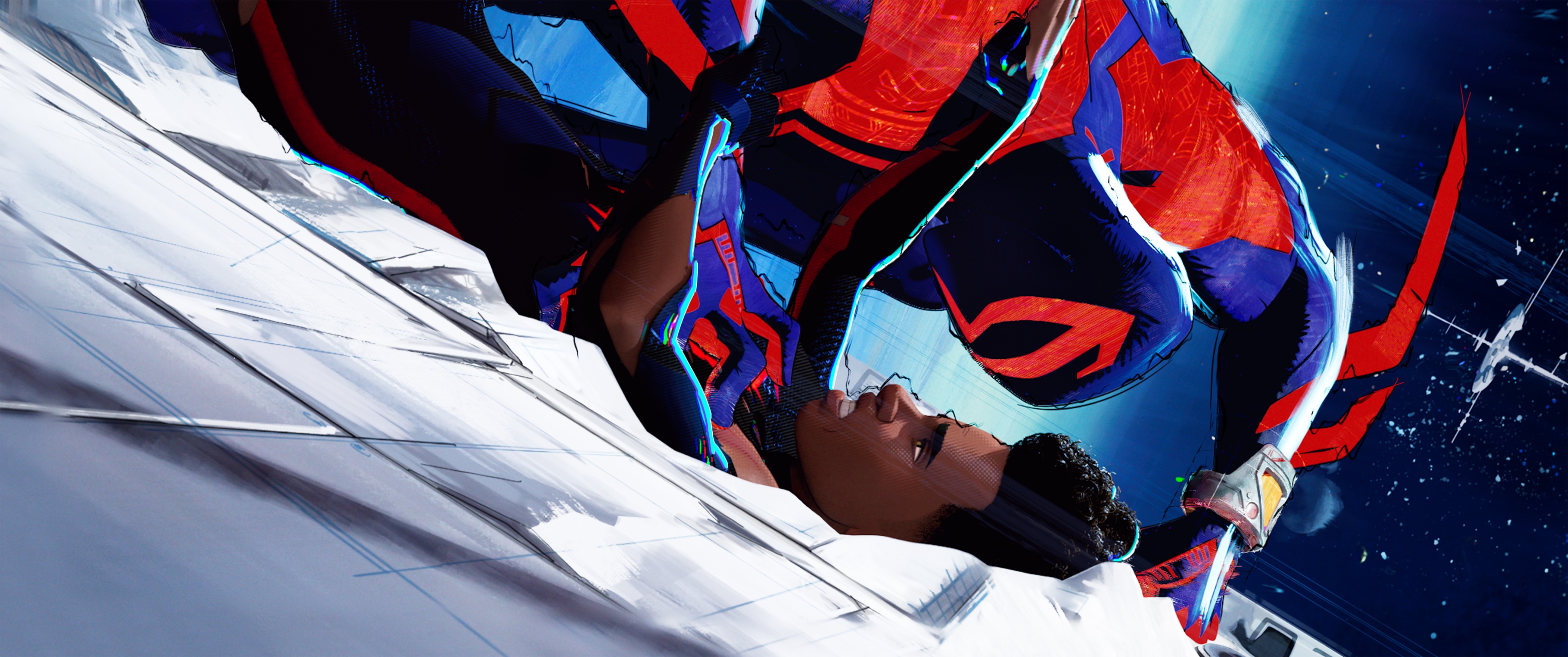 蜘蛛俠2099（Oscar Isaac）和Miles Morales（Shameik Moore）在“ Spider-Man：跨蜘蛛俠”（由Sony Pictures Animation提供）
