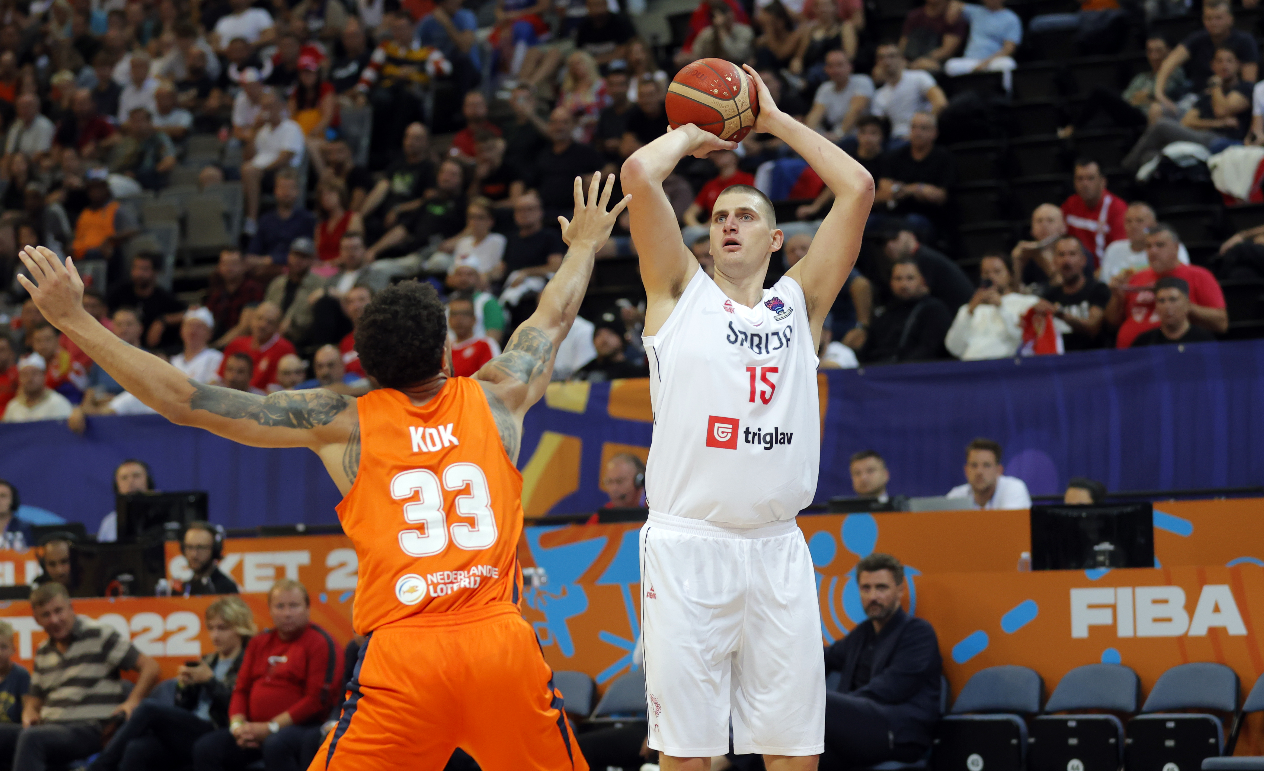 Nikola Jokić of Serbia   during the FIBA EuroBasket 2022 group D match between Serbia and the Netherlands in Prague on Sept. 2, 2022. (Pedja Milosavljevic—DeFodi Images via Getty Images)