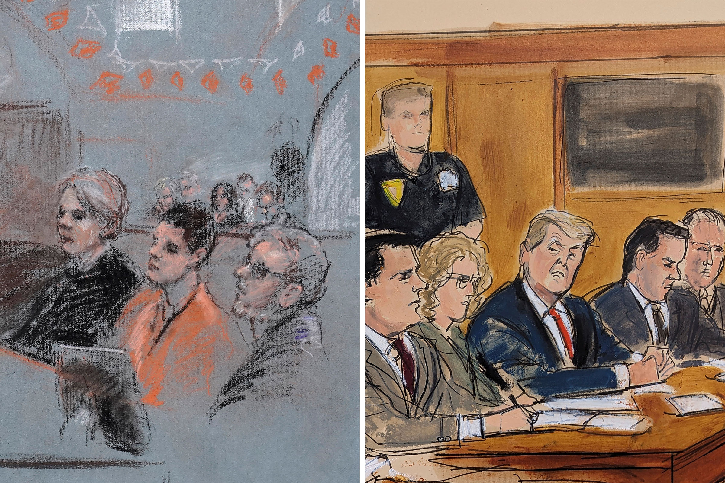 This artist sketch depicts Massachusetts Air National Guardsman Jack Teixeira, seated second from right, appears in U.S. District Court, in Boston, April 19; This artist sketch depicts former President Donald Trump, seated center, watching as Assistant District Attorney Christopher Conroy, left, outlines the case against him during Trump's arraignment in court, on New York, on April 4. (Margaret Small/AP; Elizabeth Williams/AP)