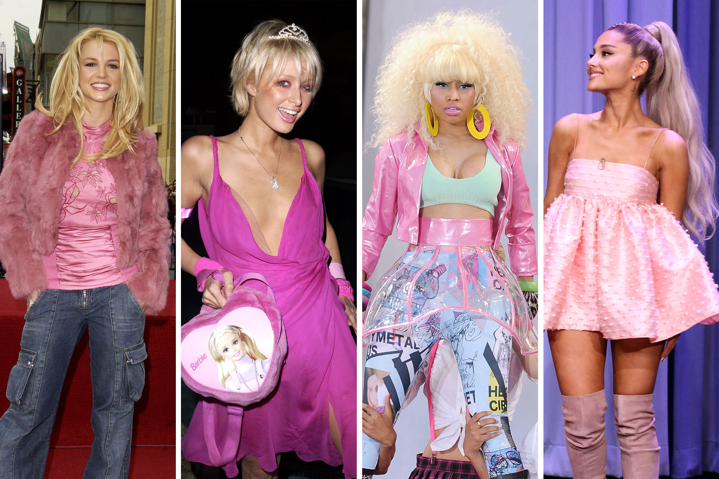 A grid of images of Britney Spears, Paris Hilton, Nikki Minaj and Ariana Grande all wearing barbie inspired outfits