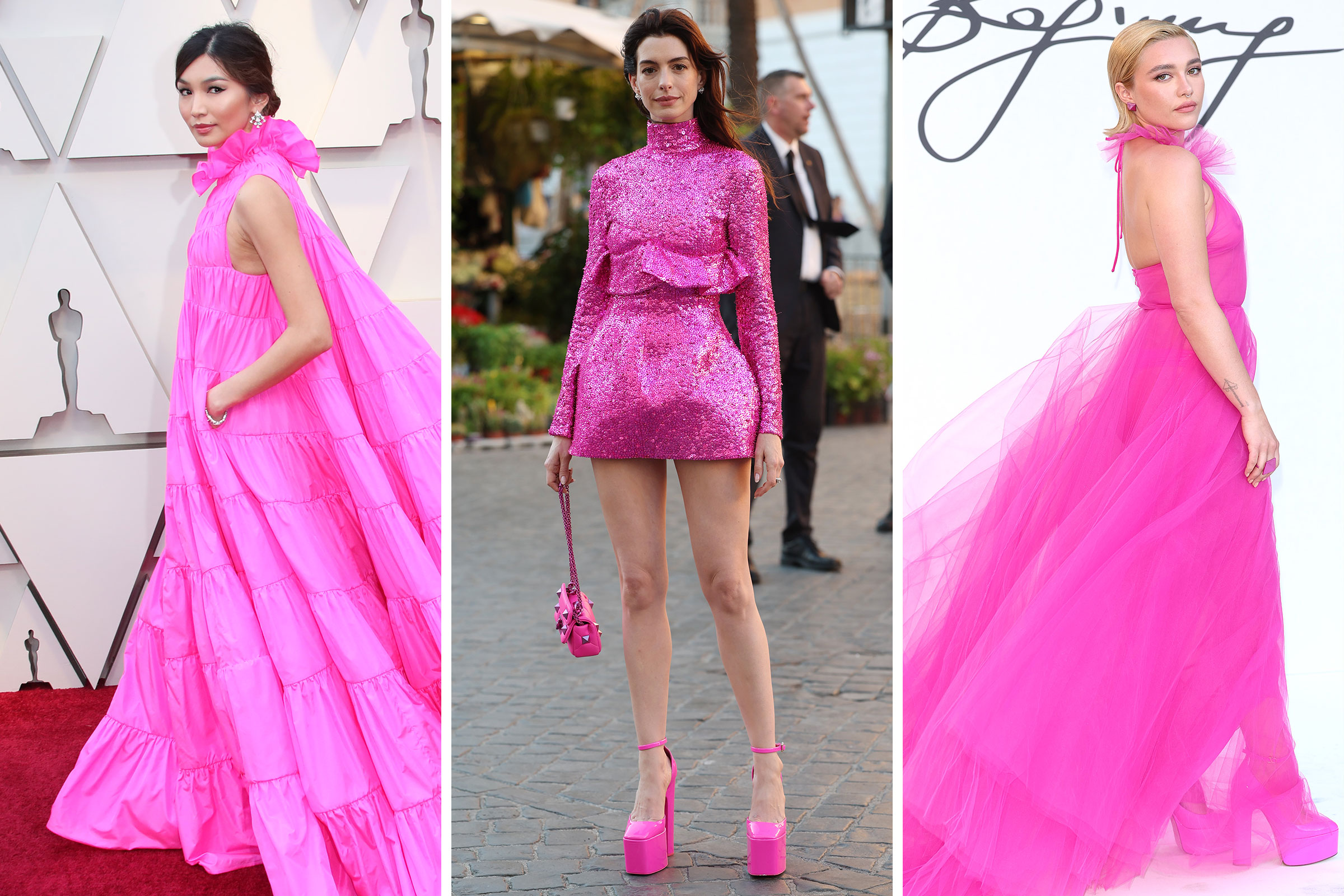 Gemma Chan; Anne Hathaway; Florence Pugh all wearing hot pink outfits to events