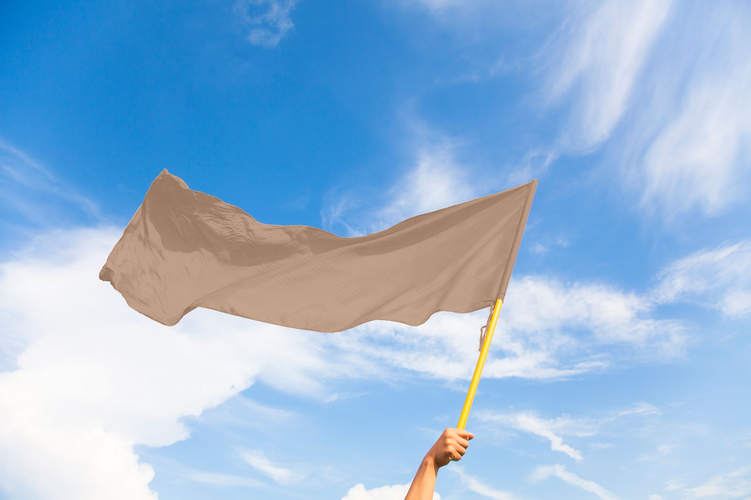 A hand holding a large flag that is the color beige with the blue sky and clouds behind it