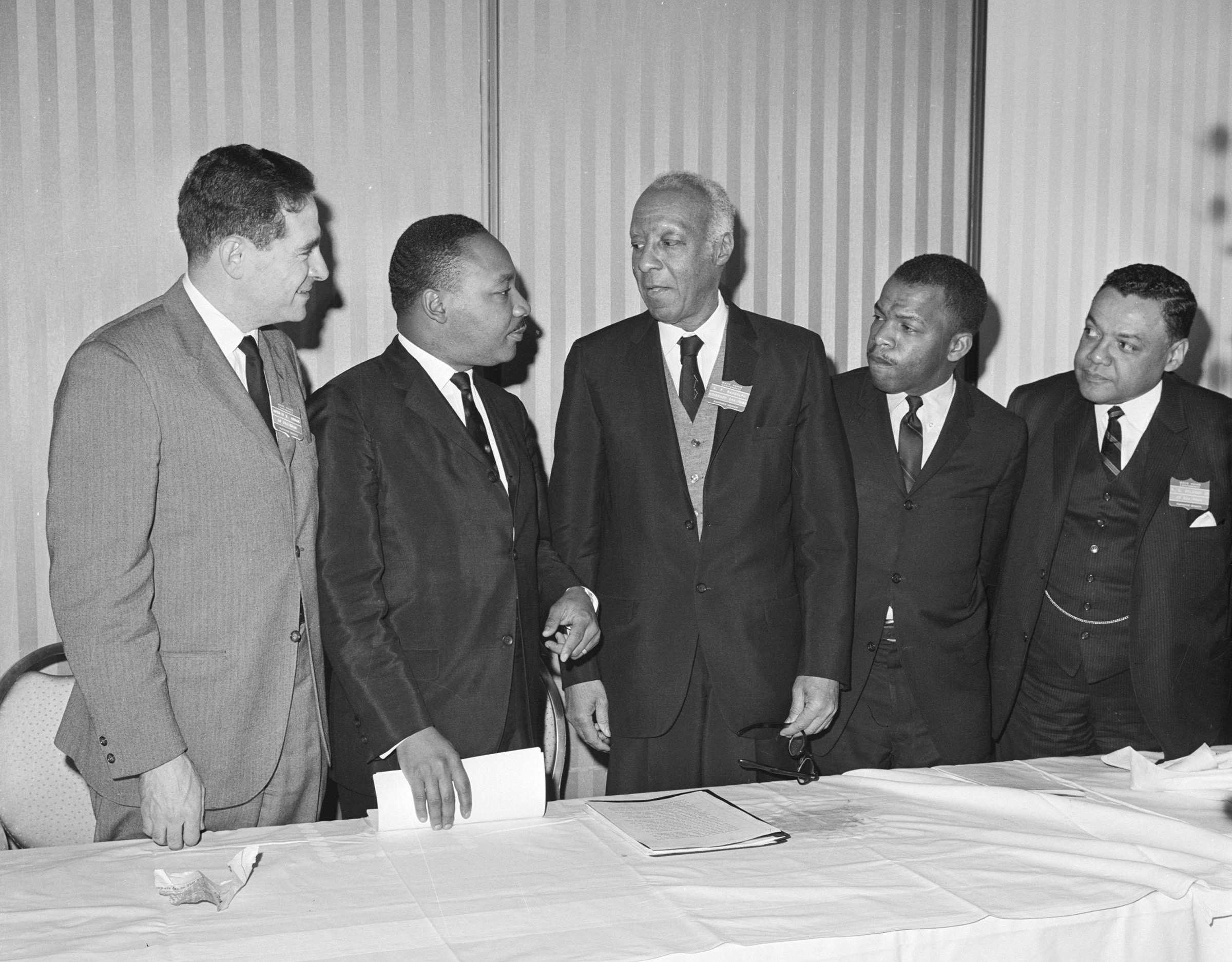 From left, Morris B. Abram, Rev. Martin Luther King, Jr., A. Philip Randolph, John Lewis and William T. Coleman take part the White House Conference on Civil Rights with a call for $100 billion "Freedom Budget".