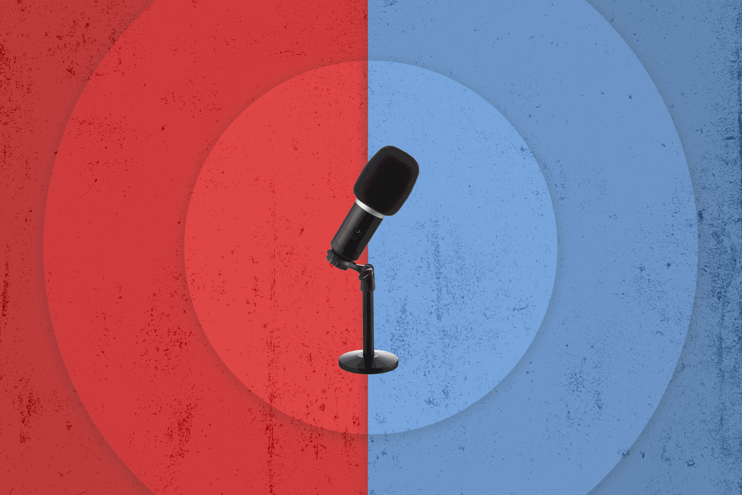 A podcast microphone surrounded by blue and red circles