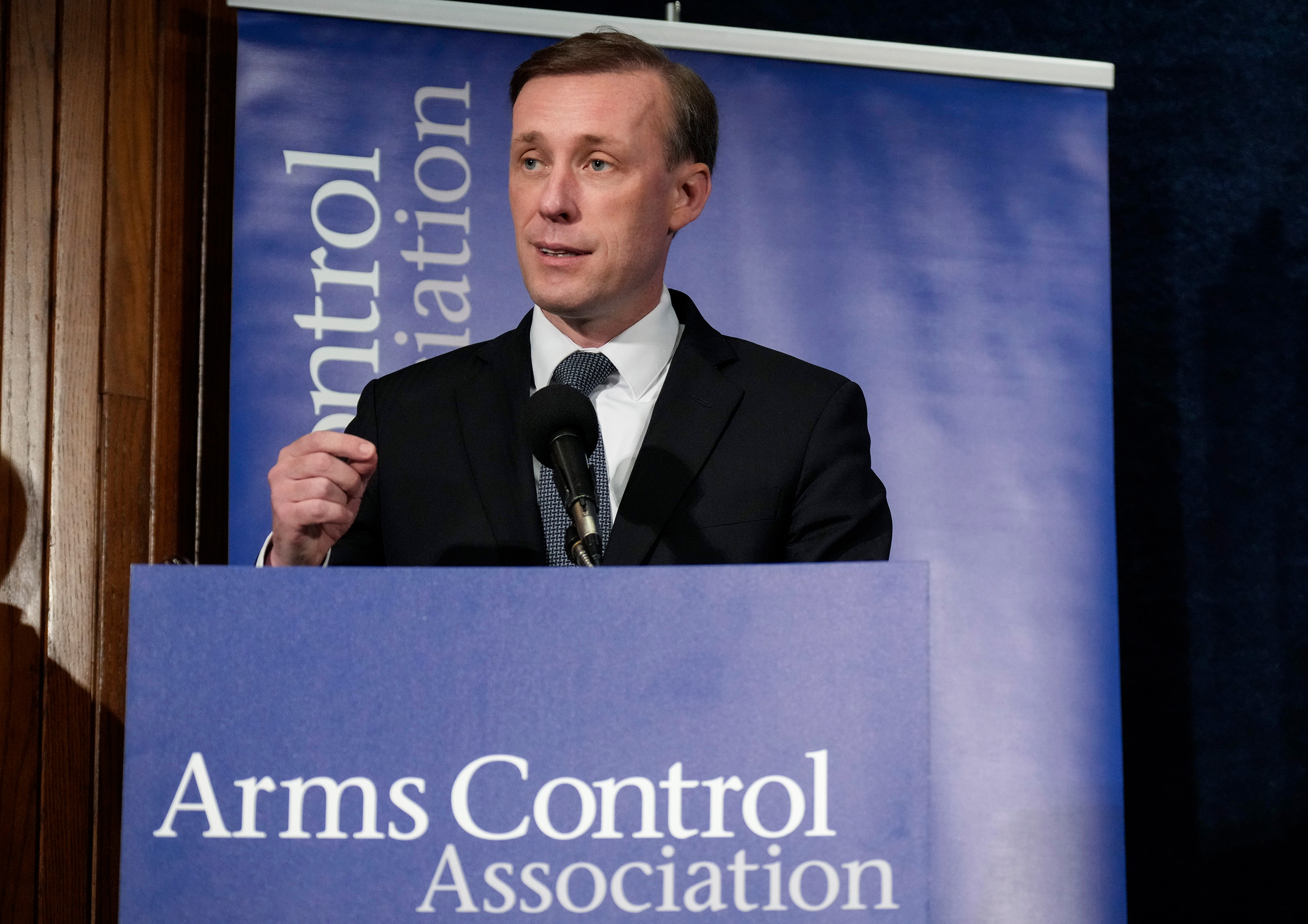 White House National Security Advisor Jake Sullivan speaks during the annual meeting of the Arms Control Association at the National Press Club on June 2 in Washington. Sullivan spoke on a range of topics, including the Biden administration's willingness to engage with Russia on nuclear arms control after Russian President Vladimir Putin's decision to suspend the last nuclear arms control treaty between the two countries. (Drew Angerer—Getty Images)