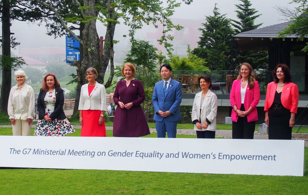 The G7 Ministerial Meeting on Gender Equality and Women's Empowerment participants pose for a group photo in Nikko on June 25, 2023. (Jiji Press/AFP/Getty Images)