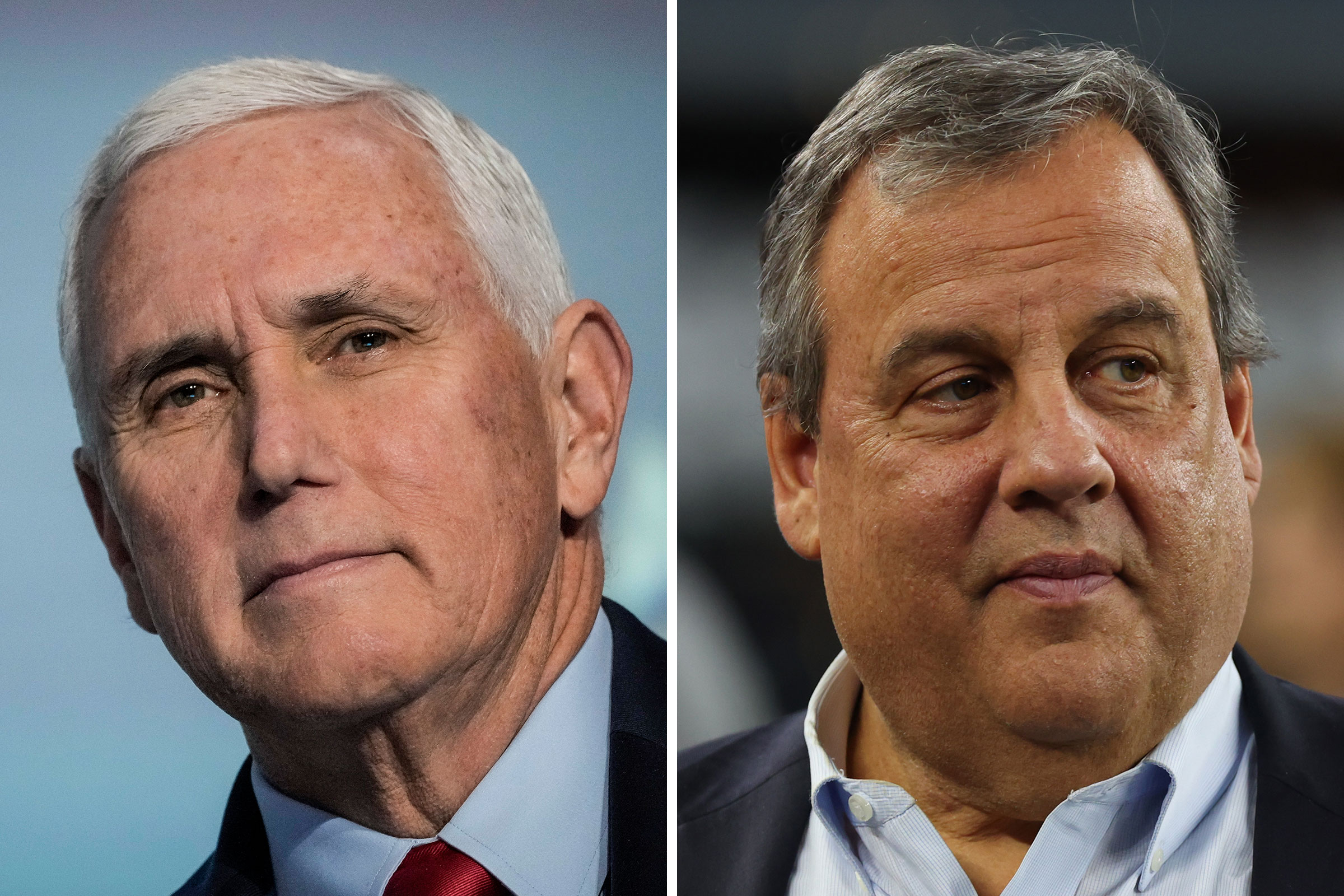 A side by side pairing of images showing former Vice President Mike Pence on the left and Former New Jersey Governor Chris Christie on the right, both have neutral expressions and are looking off in different directions