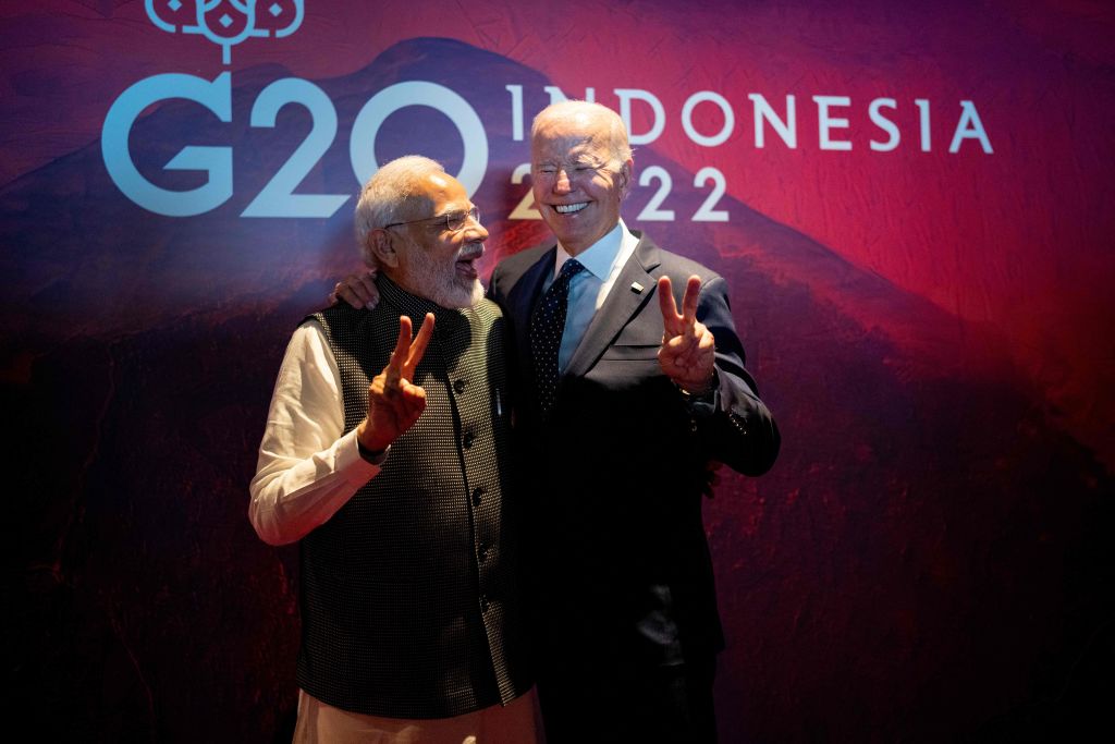 President Joe Biden gestures with India's Prime Minister Narendra Modi on the sidelines of the G20 Summit in Nusa Dua, on the Indonesian island of Bali, on Nov. 15, 2022. (Doug Mills—Pool/AFP/Getty Images)