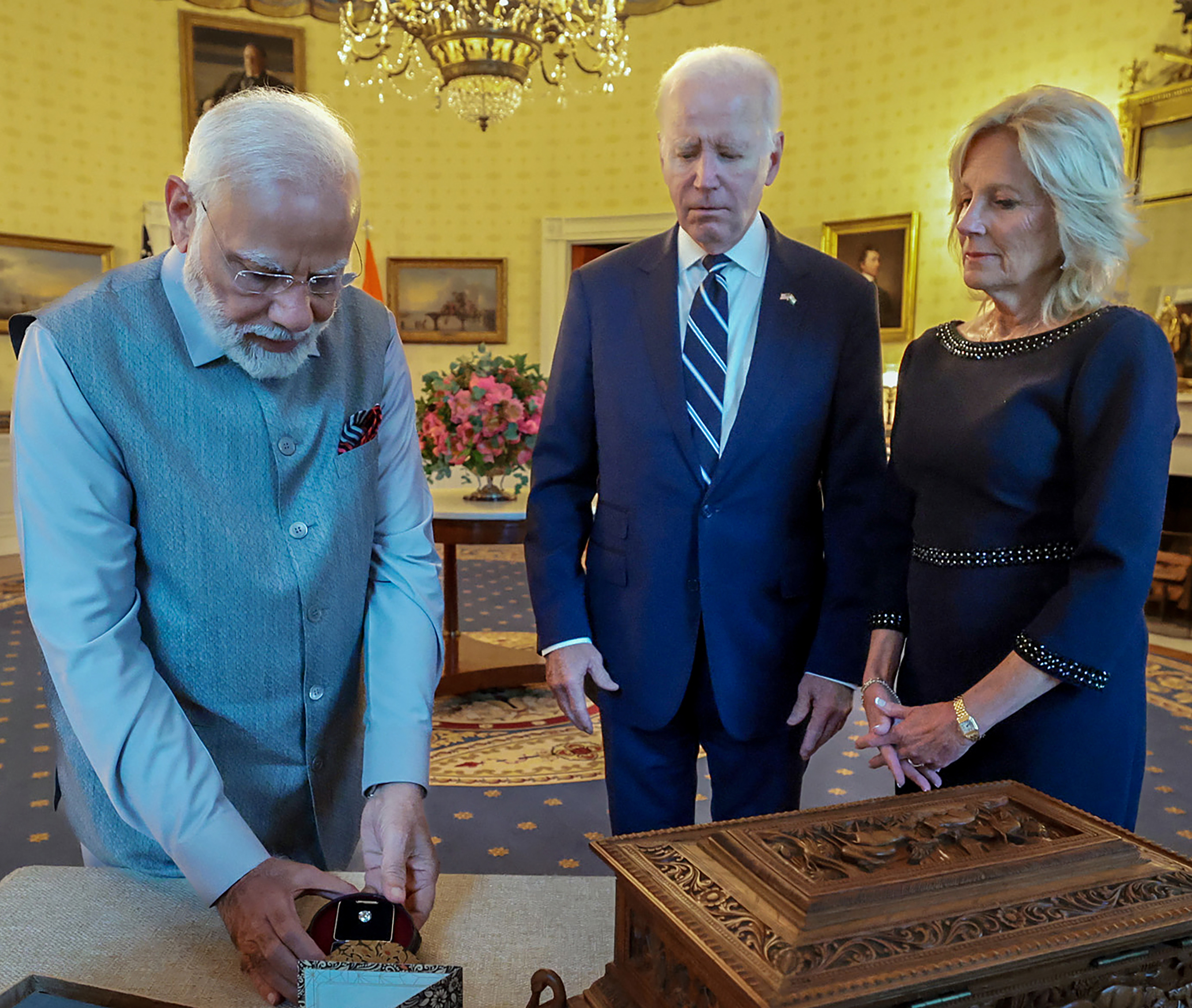 Prime Minister Narendra Modi gifts to the U.S. First Lady Dr. Jill Biden a lab-grown 7.5-carat green diamond in the presence of the U.S. President Joe Biden at the White House on June 22, 2023. (ANI/Reuters)