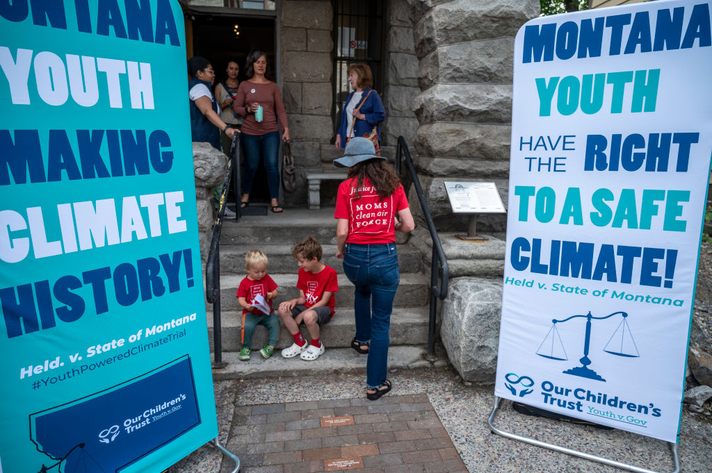 Supporters gather at a theater next to the court house to watch the court proceedings for the nation's first youth climate change trial at Montana's First Judicial District Court on June 12, 2023 in Helena, Montana.