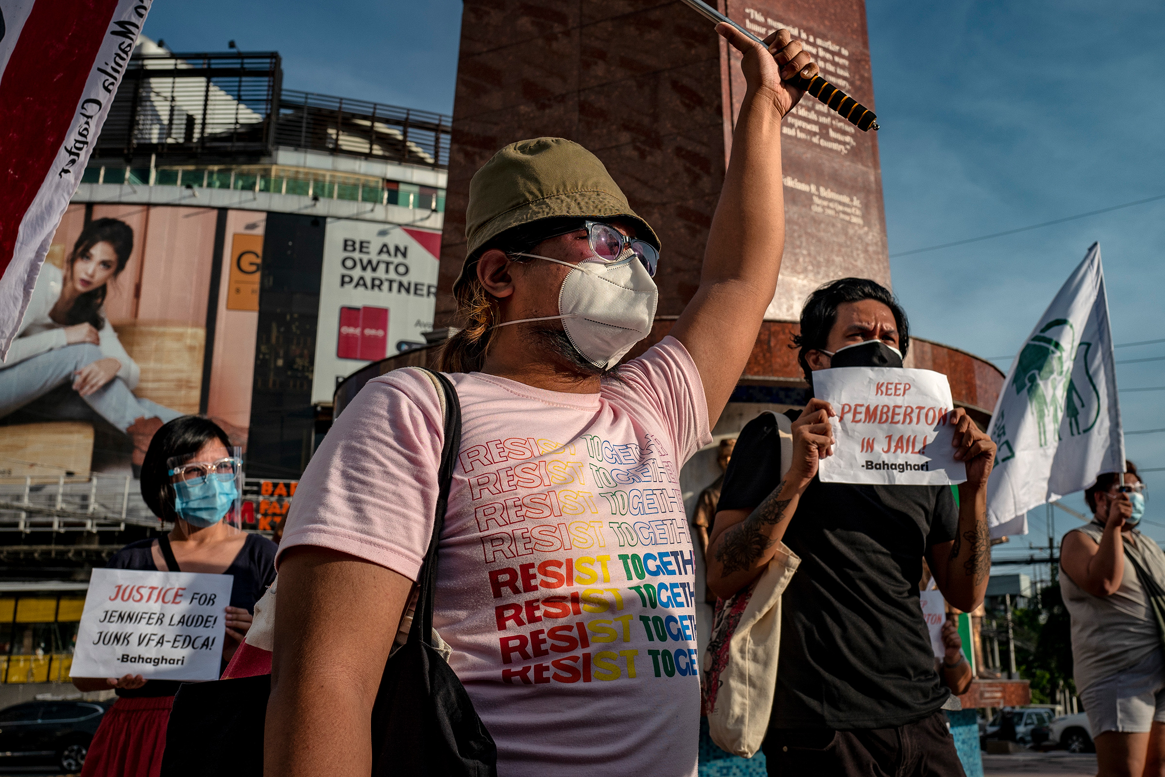 People protest the clemency granted to a US Marine who was convicted in 2014 of killing a Filipina transgender woman, in Quezon City, on Sept. 8, 2020. (Ezra Acayan—Getty Images)