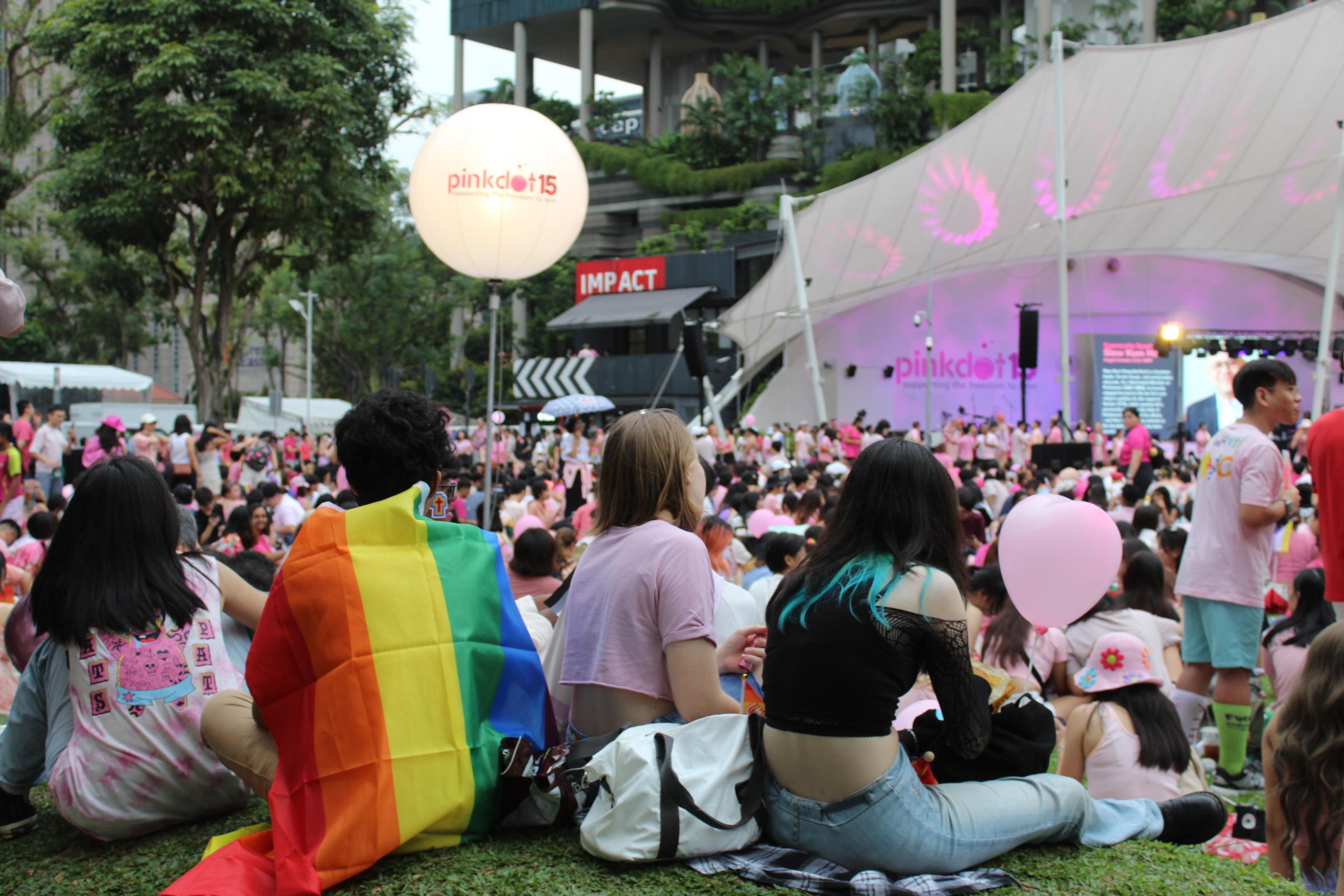 A Pink Dot attendee wears a pride flag at Hong Lim Park in Singapore on June 24, 2023.