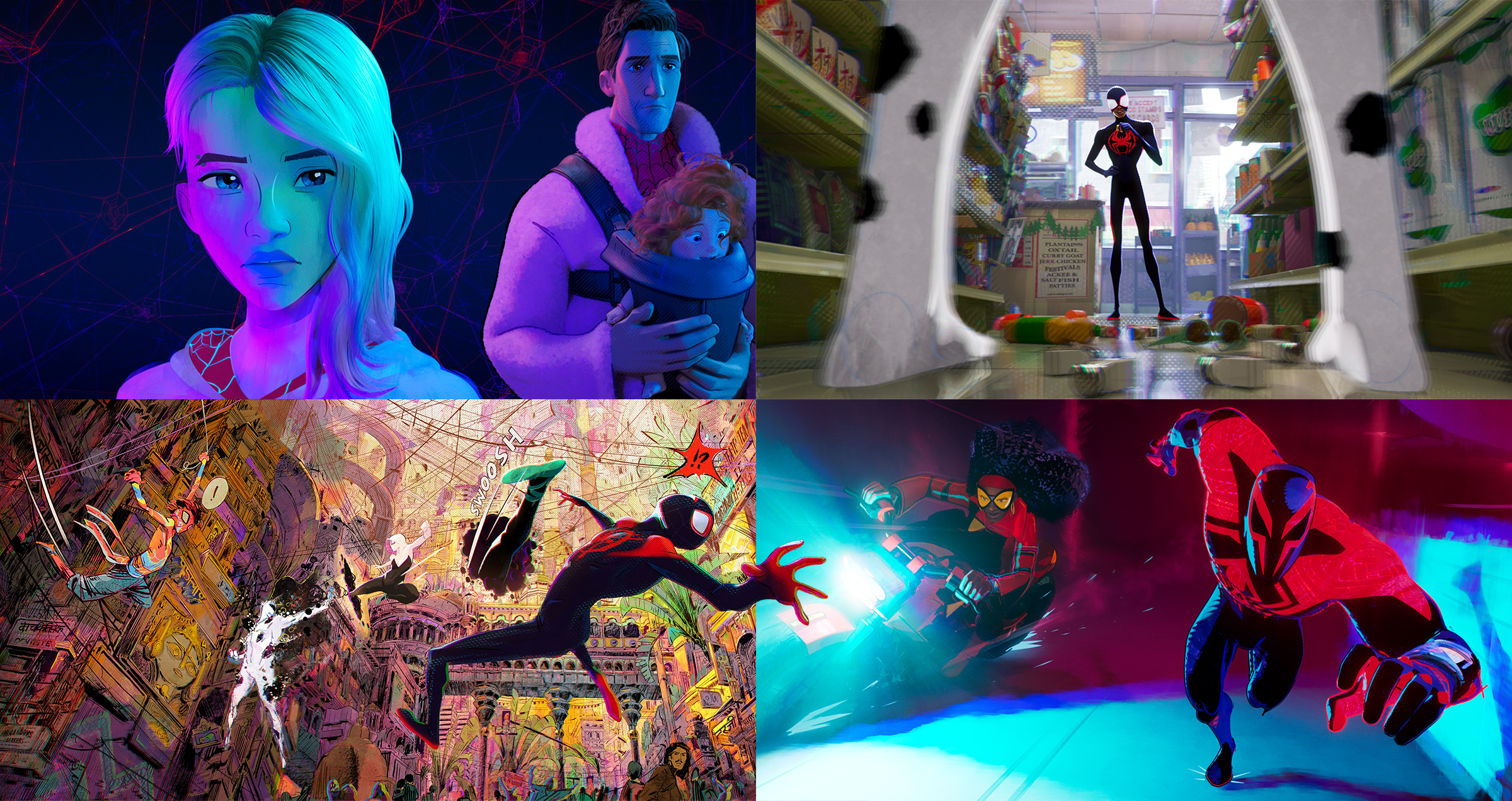 From top left, clockwise: Gwen Stacy (Hailee Steinfeld), Peter B. Parker (Jake Johnson) and his daughter Mayday; Miles Morales as Spider-Man (Shameik Moore); Jessica Drew (Issa Rae) and Miguel O’ Hara (Oscar Isaac); Pavitr Prabhakar (Karan Soni), Gwen Stacy and Miles Morales. (Sony Pictures Animation (4))