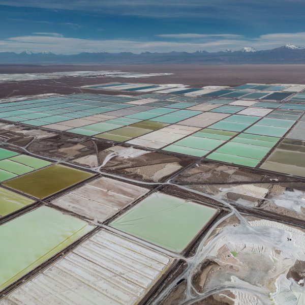 Pools of brine are turned into lithium at the Albemarle lithium mine in Chile's Atacama desert.